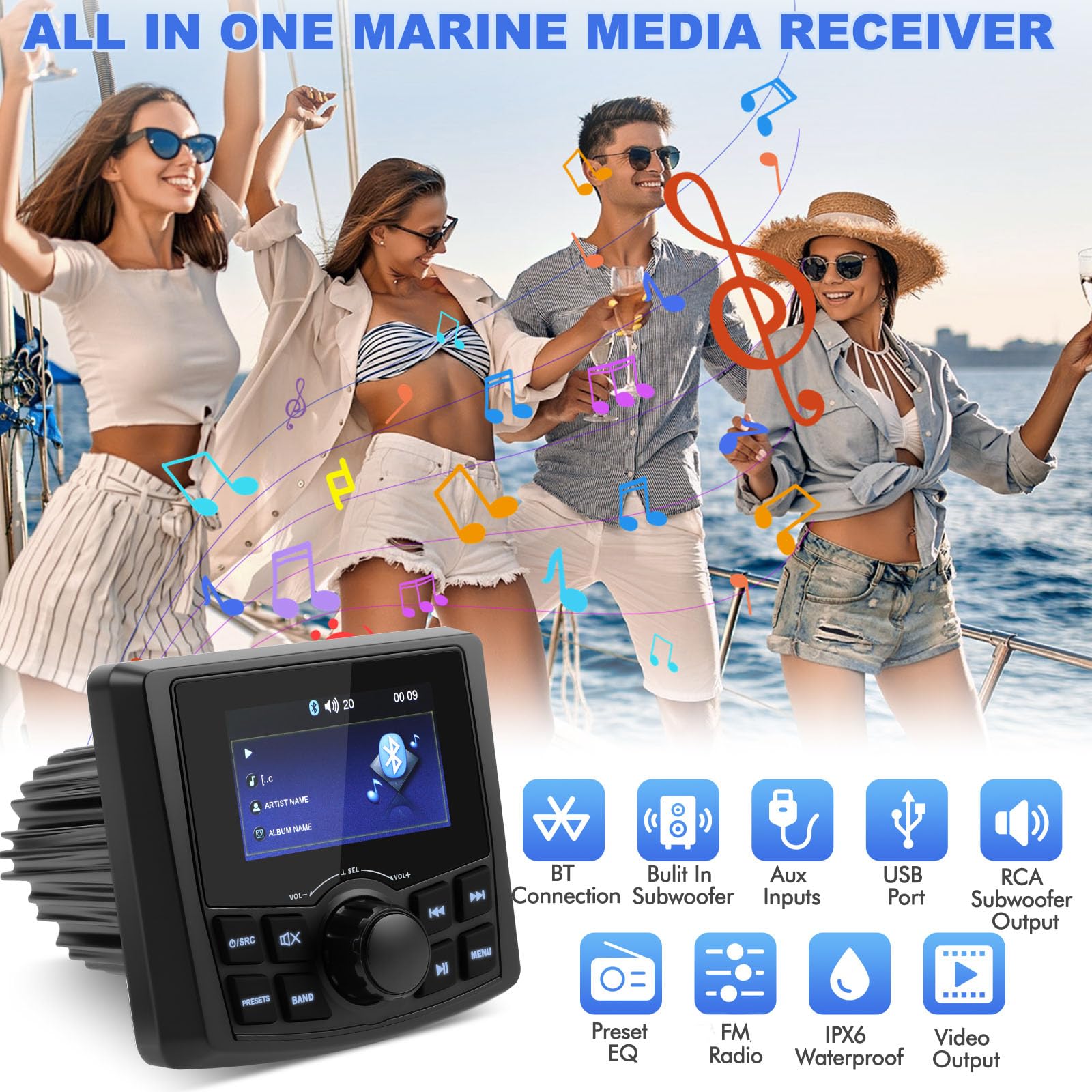 Ricevitore Stereo Marino MP5 - Radio Digitale per Barche con Lettore Multimediale MP5 e IPX6 Impermeabile in BT per Navi e Uso Professionale