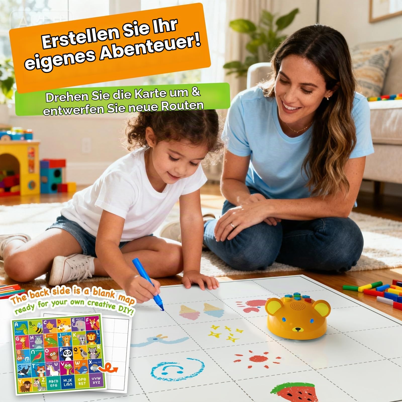 Apitor Robot Bear, Programmierroboter für Kinder ab 3 Jahre, Bildschirmfreies Erstes Coding-Spielzeug mit 7 Tasten, Lernroboter mit interaktiven Lichtern/Sounds, STEM Geschenk für Jungen & Mädchen