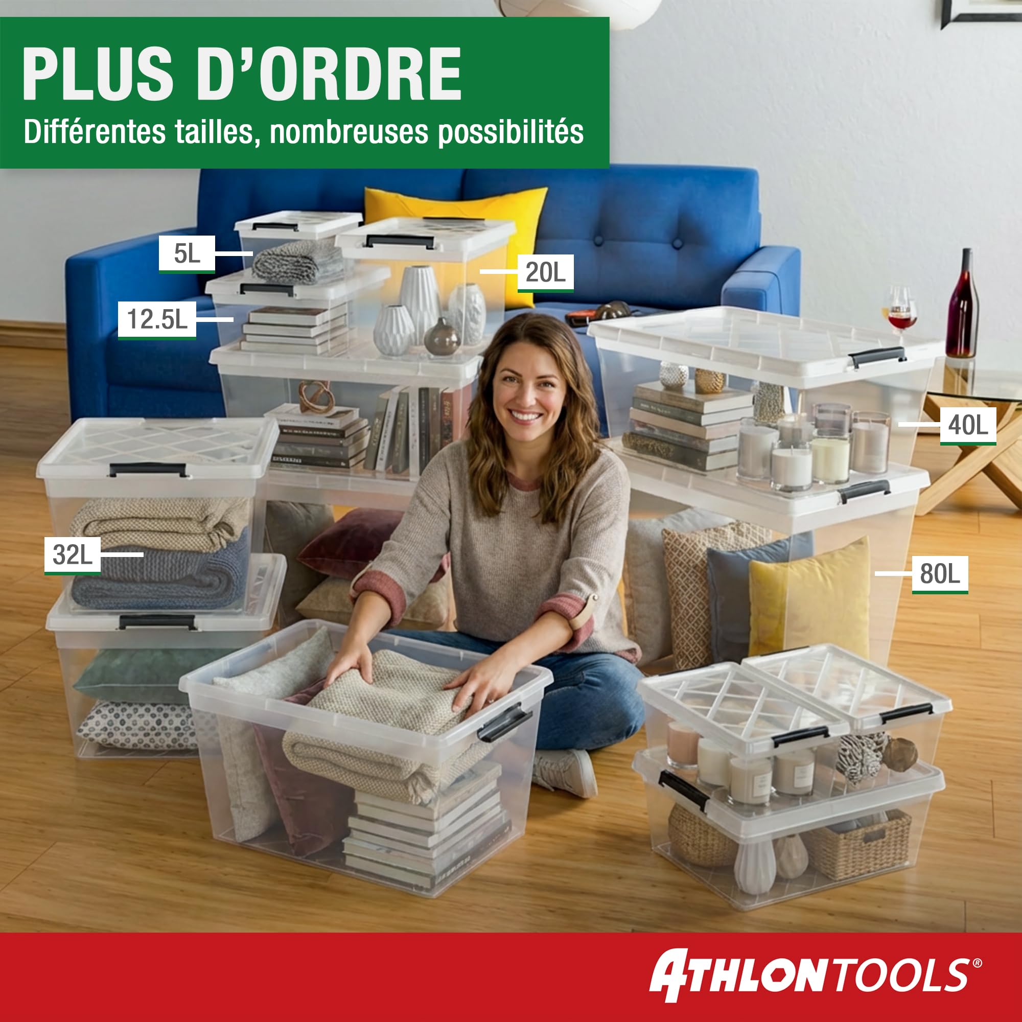 ATHLON TOOLS 4 boîtes de rangement de 12,5 l avec couvercle, de qualité alimentaire, clips de fermeture, 100% neuf, boîte en plastique transparente, boîtes à vêtements empilables