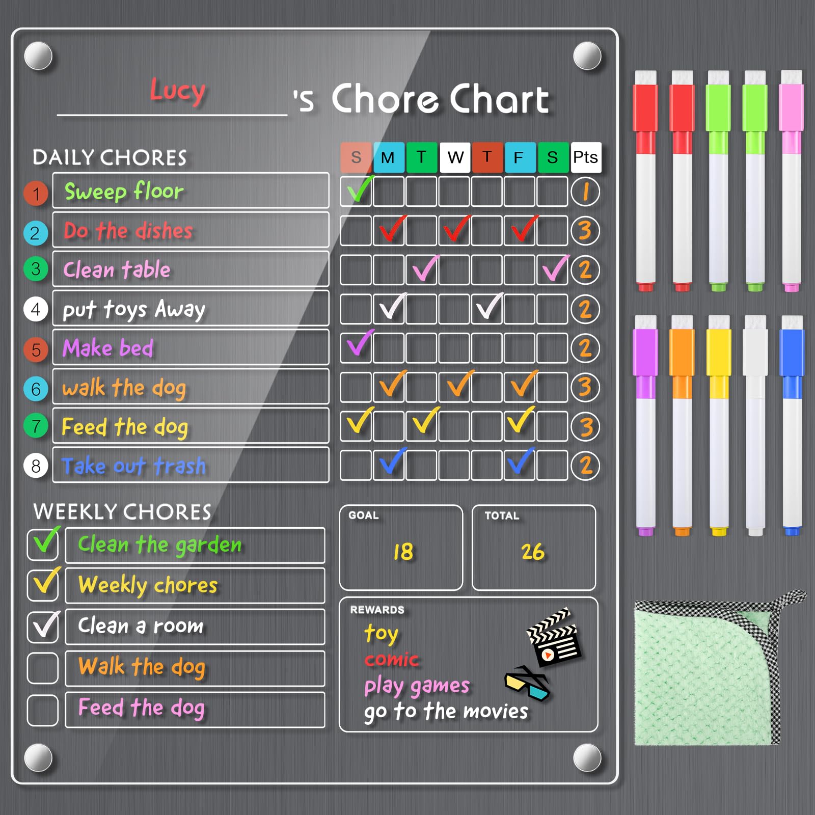 KMRTEQAR Acrylic Magnetic Chore Chart for Kids/Teens/Adults, 9.5"x12", Reusable Chore Checklist & Responsibility Tracker (1 Pack)