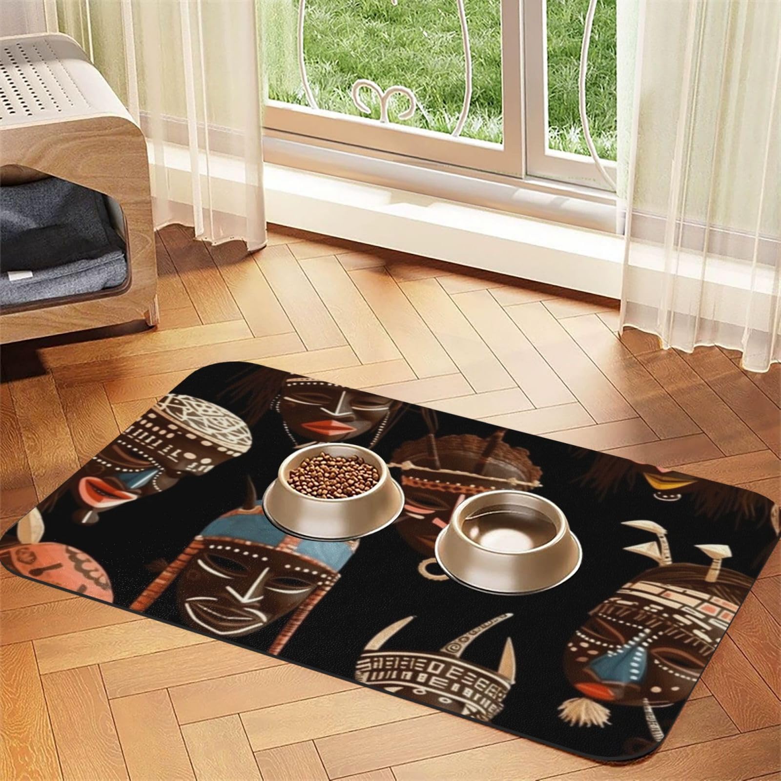 African Ritual Futternapf-Matte für Haustiere, saugfähig, PU-Leder, für Hunde und Katzen, schützt Böden, rutschfeste Gummi-Unterseite, leicht zu reinigen, 40 x 60 cm