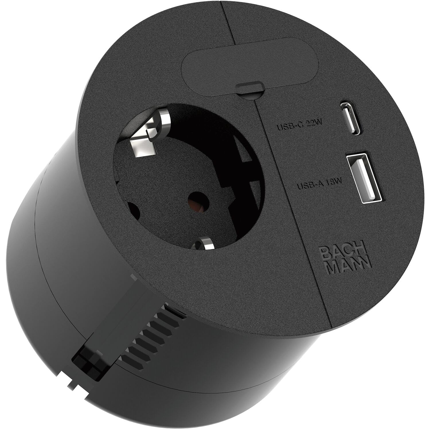 BACHMANN Presa da incasso LOOP IN CHARGE 1 presa 1 presa USB A/C 22 W con passacavo 2 m cavo di alimentazione per ufficio, sala riunioni e spazio abitativo in nero 938.201