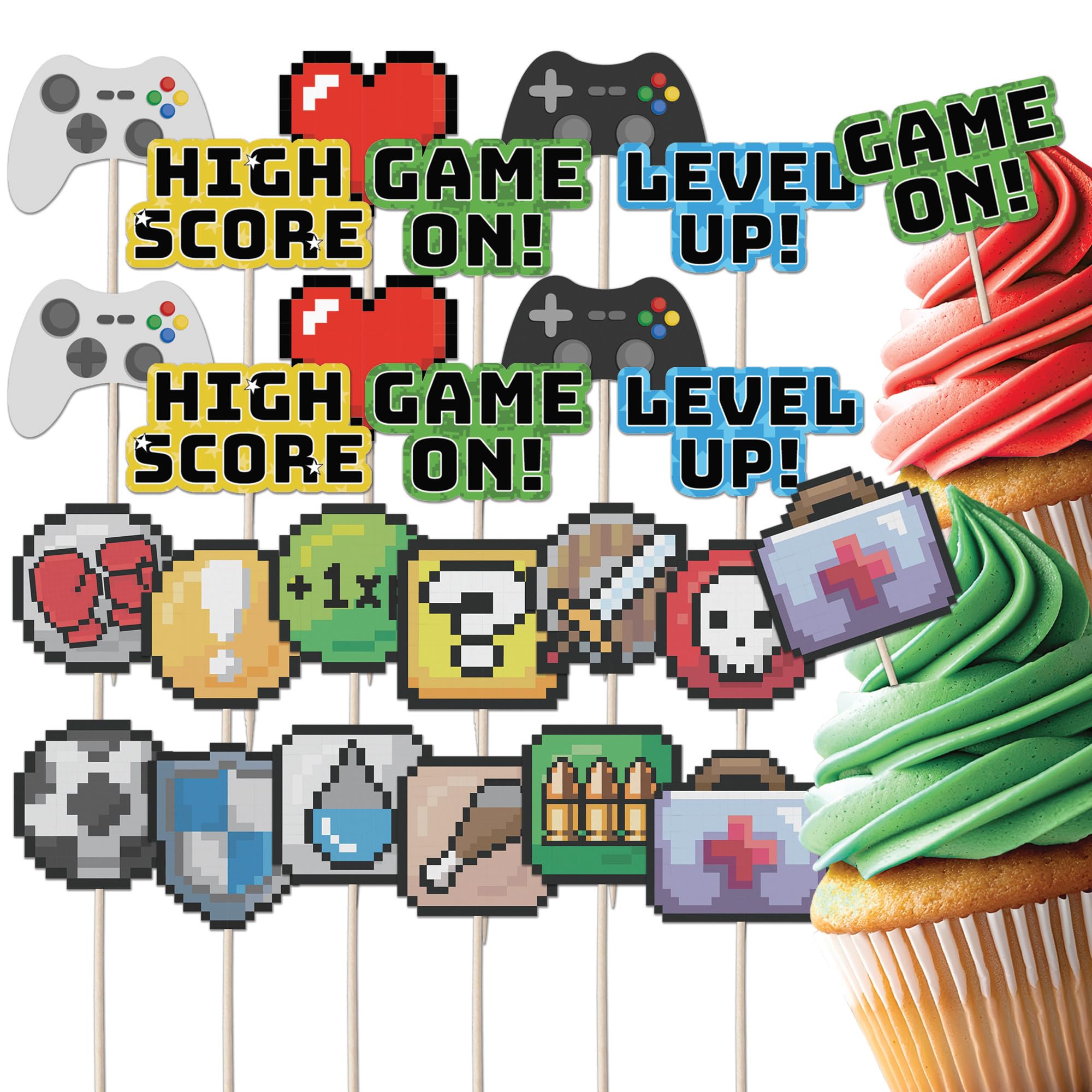 Gaming & Pixel Icons Cupcake Toppers Set - 24pc - Birthday Celebration Cupcake & Cake Decorations