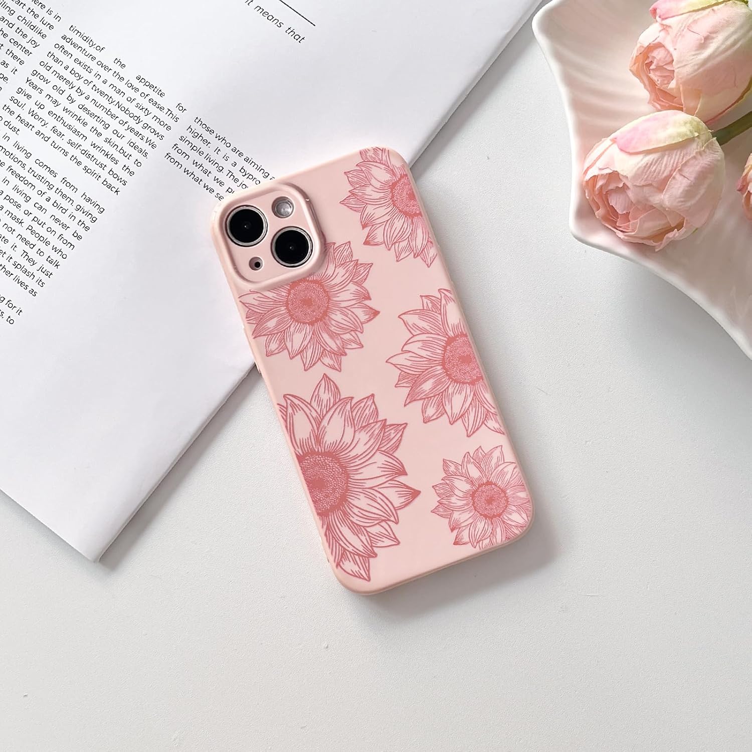 nititop compatible with iphone 14 case aesthetic cute floral sunflowers pattern for women girls trendy flower slim fit tpu bumper silicone shockproof full camera protection cover - pink pink iphone 14