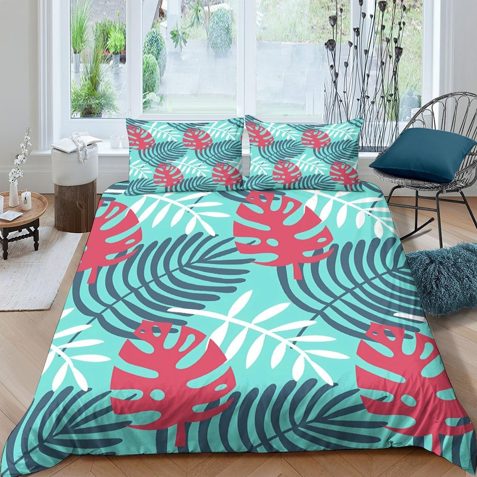 Ctjqhvkz Style-8 3D Printed Tropical Leaf Fitted Sheet Microfiber Soft Anti-Slip Red Monstera Bed Cover For Bedroom Guestroom Mattress Decor Single（135X200cm）