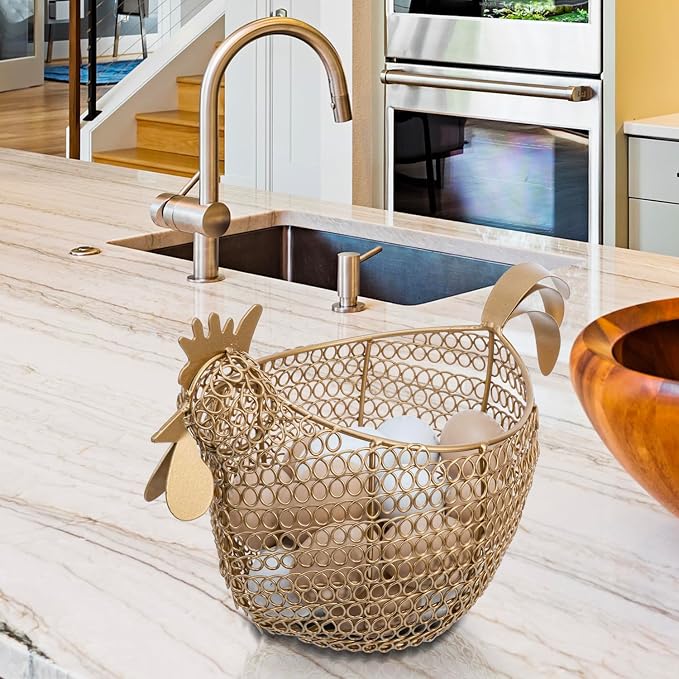 Image Brass Metal Fresh Egg Gathering Basket, Easter Decor Egg Display Storage Basket
