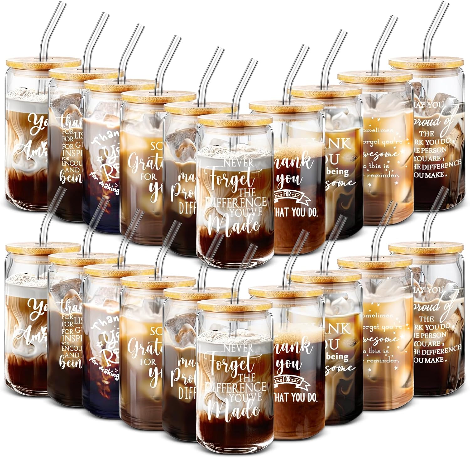 Irenare 20 Pcs Employee Appreciation Gift Bulk 16 oz Glass Cup Thank You Can Shaped Glass Cup with Lid Straw Inspirational Graduation Gift for Coworker Nurse Women Teacher Office