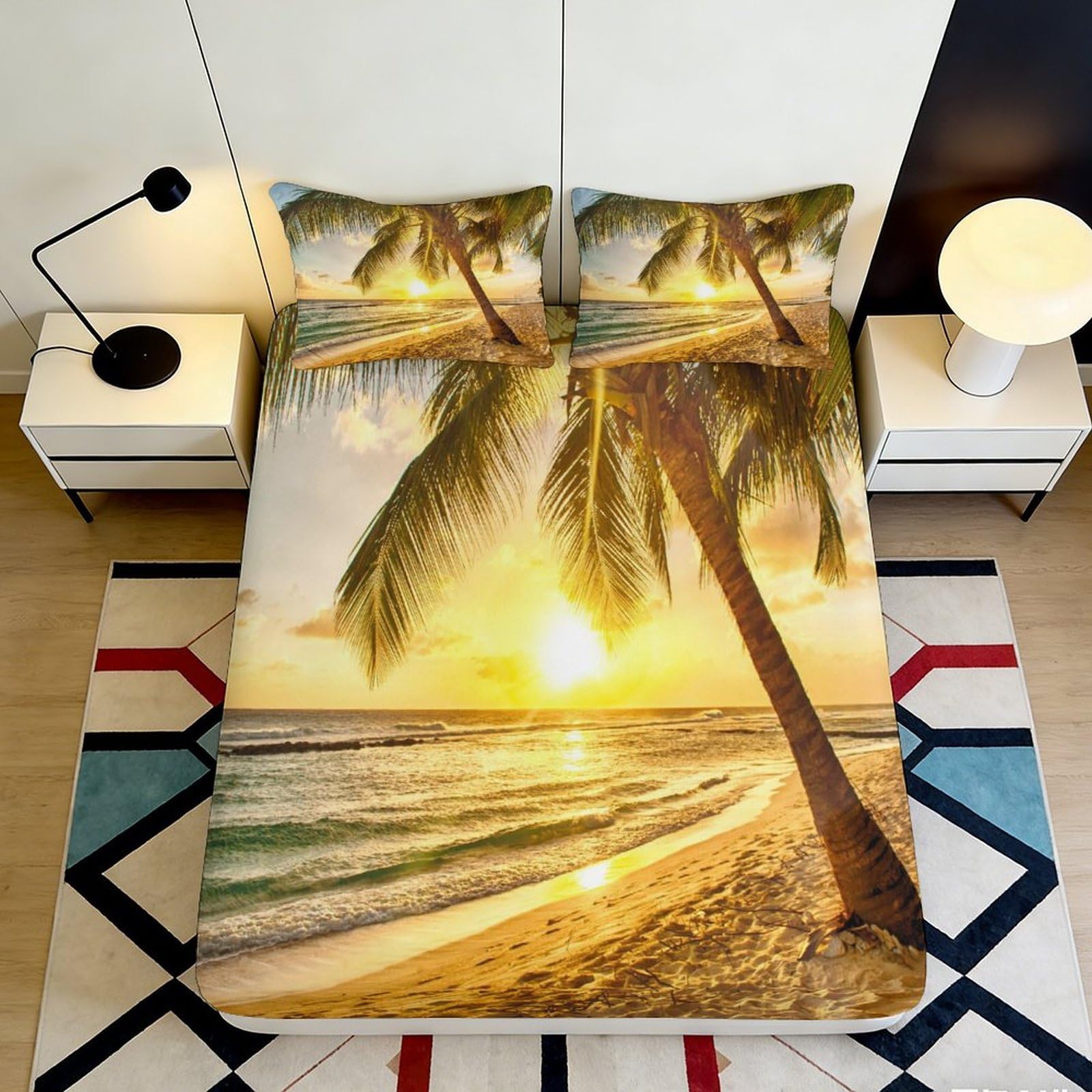 3D Printed Sunset Beach Palm Fitted Sheet Microfiber Soft Mattress Cover Bedroom Decor Easy Care 90x200x25cm