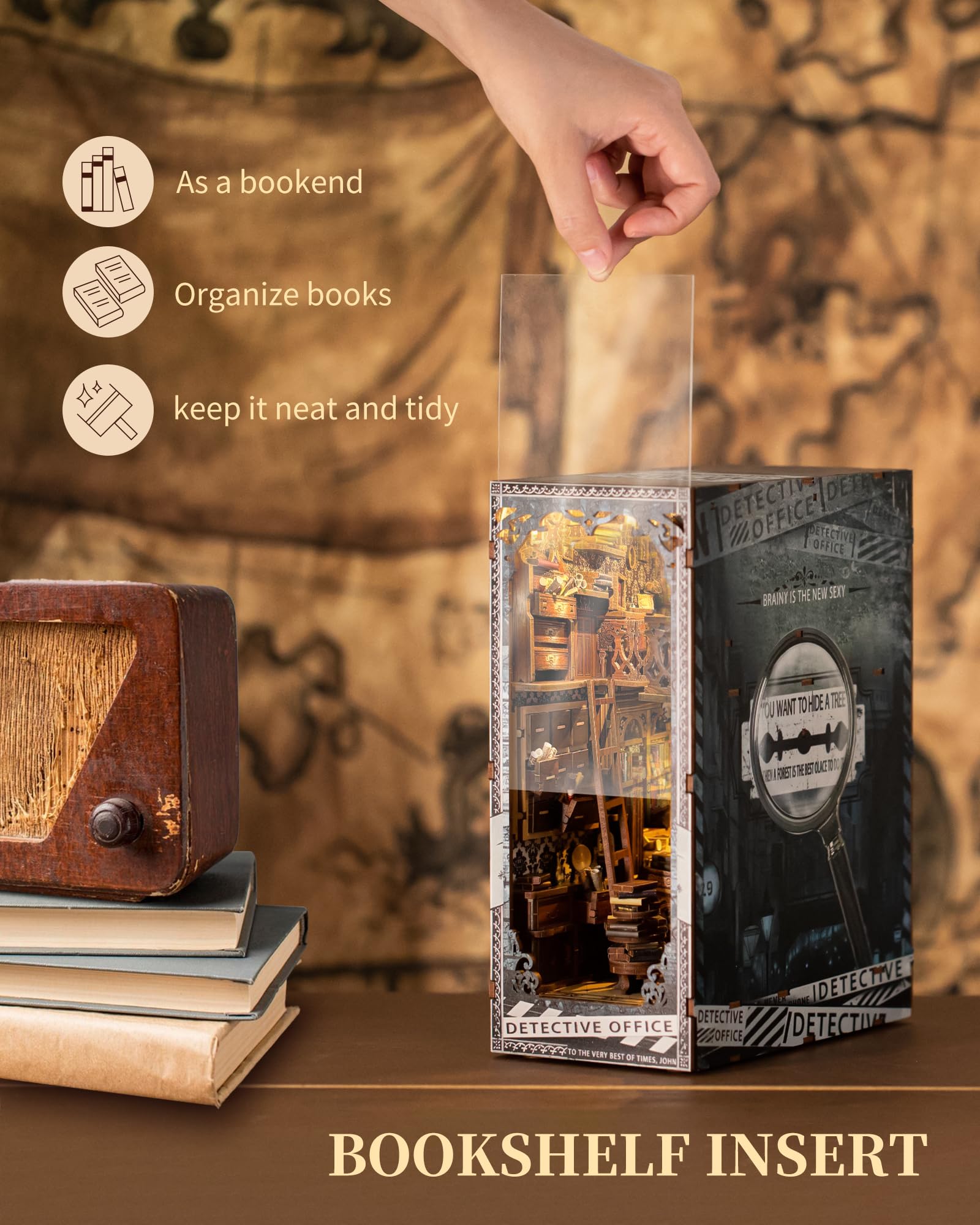 Quanquer Nook - Libro per detective con copertura antipolvere, con luce a LED, stampa 3D in legno, repliche in miniatura per uffici, librerie e mobili, regalo creativo per