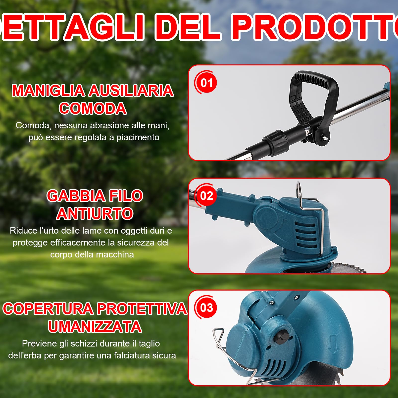 Decespugliatore elettrico con 2 batterie, 3 Tipi lame compatibile con batterie da 21 V, motore brushless, tosaerba manuale, per tosaerba e bordi Prati E Terreni