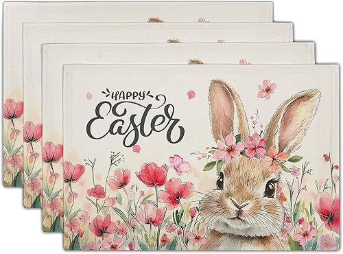 Miniatura 15 de Juego de 4 manteles individuales de primavera, diseño de pájaros azules, flores, flores, estación, primavera, floral, lavable, rústico, decoración