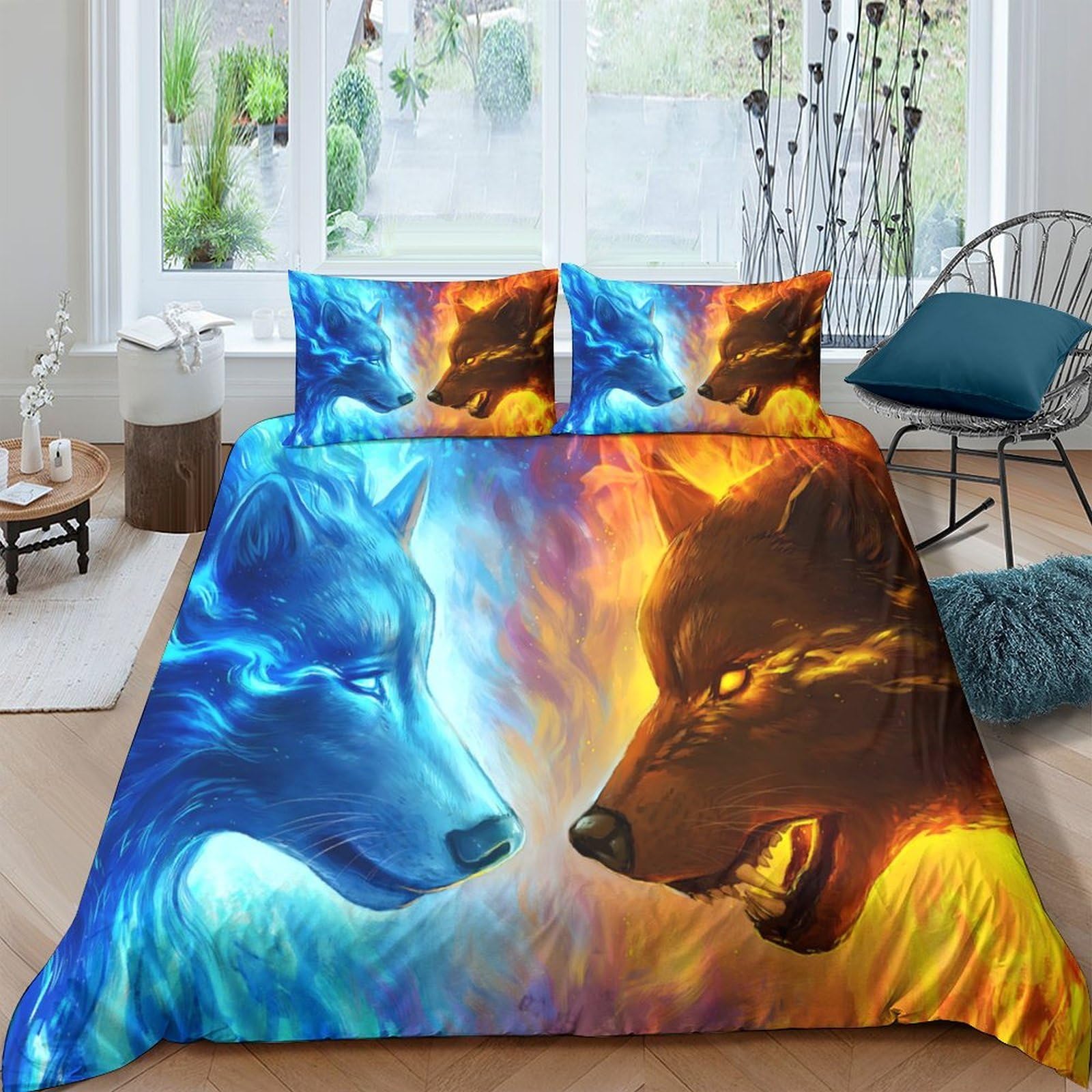 Ctjqhvkz Style-7 3D Printed Fire Wolf Fitted Sheet Microfiber Soft Breathable Ice Wolf Mattress Cover For Bedroom Dorm Decor Single（135X200cm）