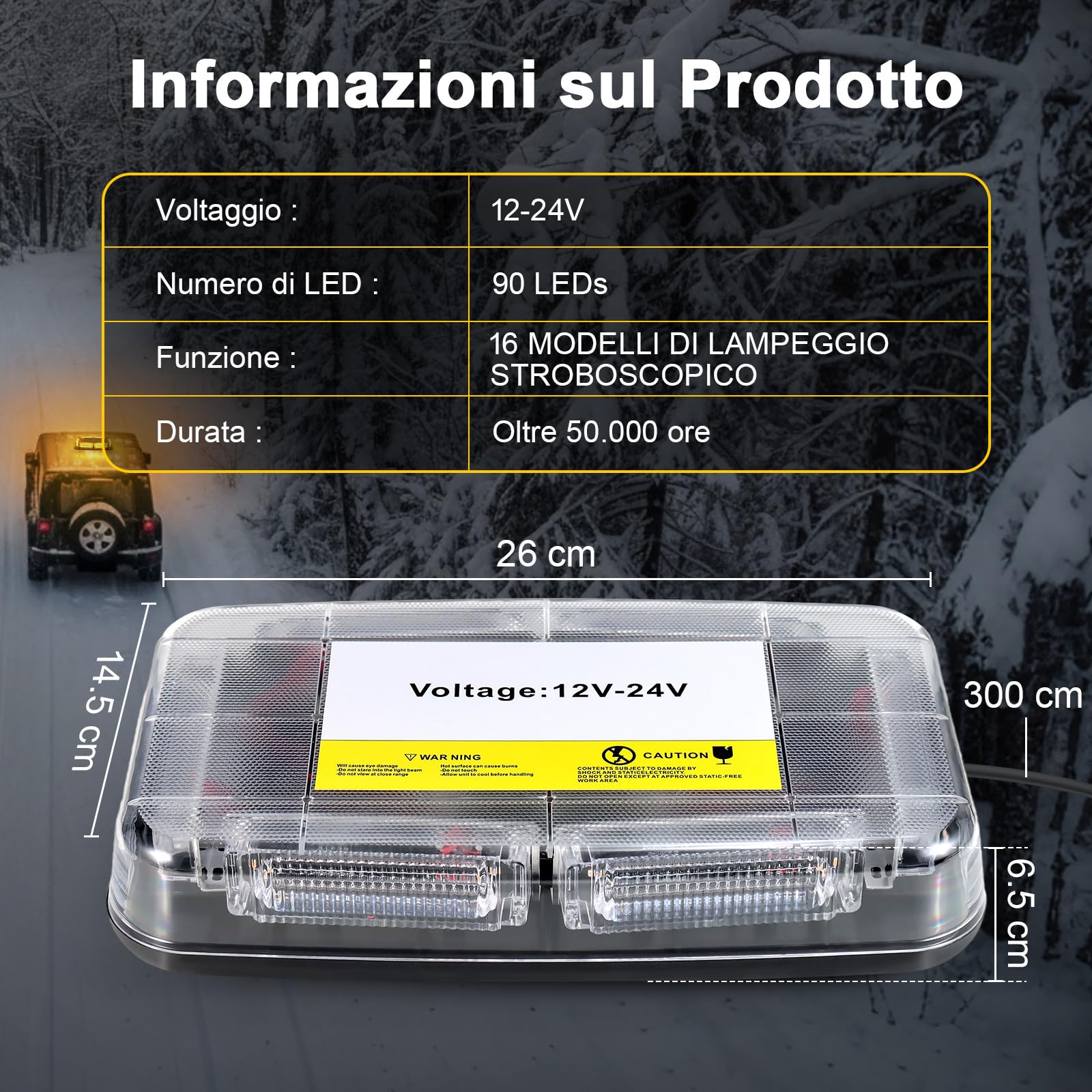 Lampeggiante Arancione a 90 LED con Magnete - Luce di Avvertimento 12V 24V, Cavo da 3 m, Impermeabile IP65, 16 Modalità per Camion, Attrezzature Edili, Agricoltura