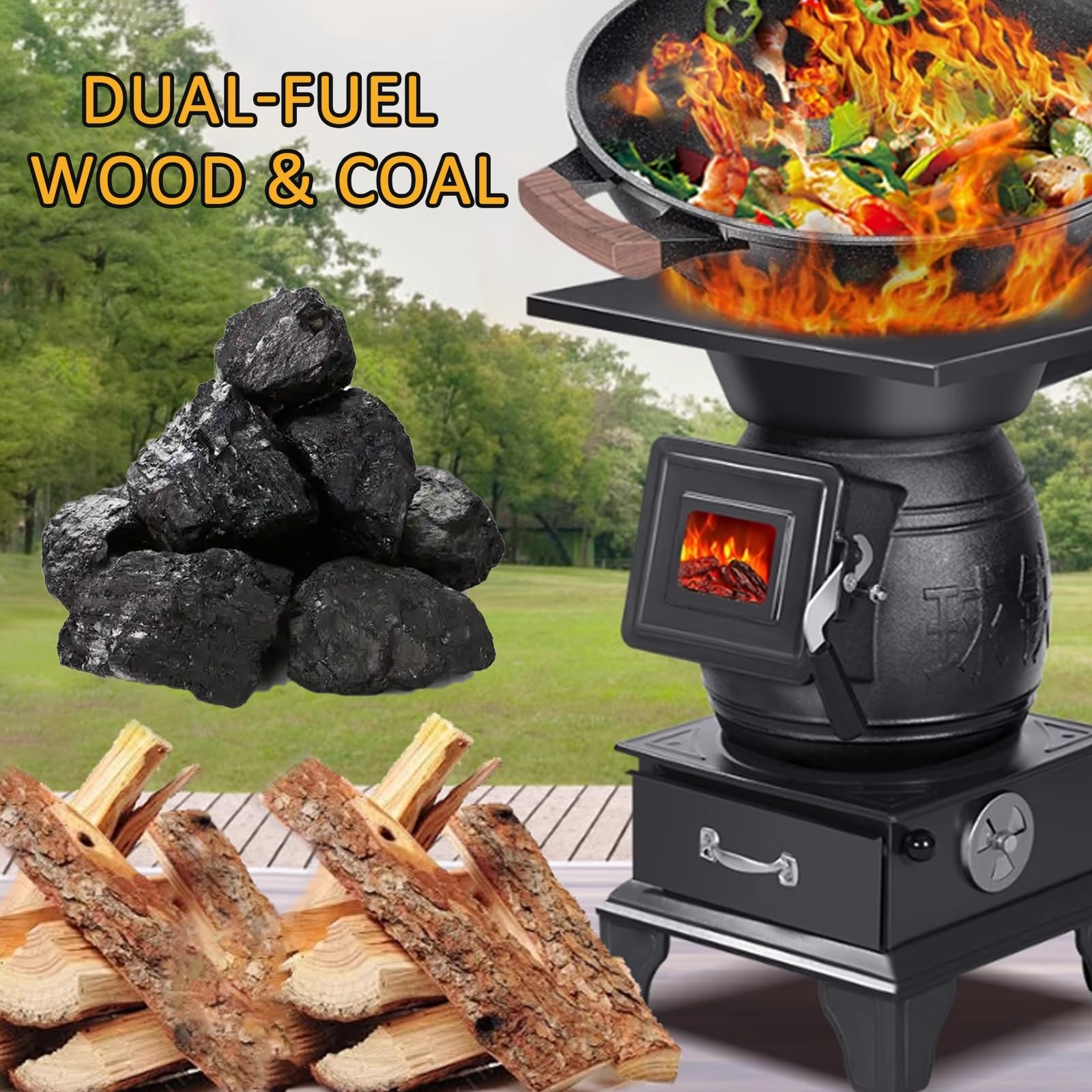 Stufa A Legna In Ghisa, Stufa A Pellet Slim Con Cassetto Raccogli Cenere E Tirante Anti-Perdita For Cucinare, Far Bollire L'Acqua, Riscaldare