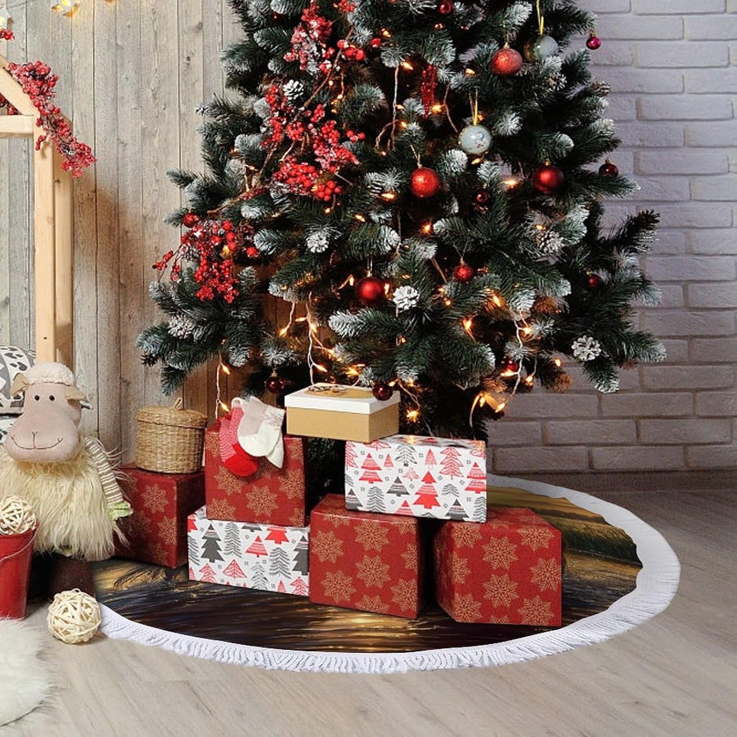 Horse Lake Sunset Christmas Tree Skirt Round Xmas Tree Mat Ornaments Tree Skirts with Tassels for Holiday Party