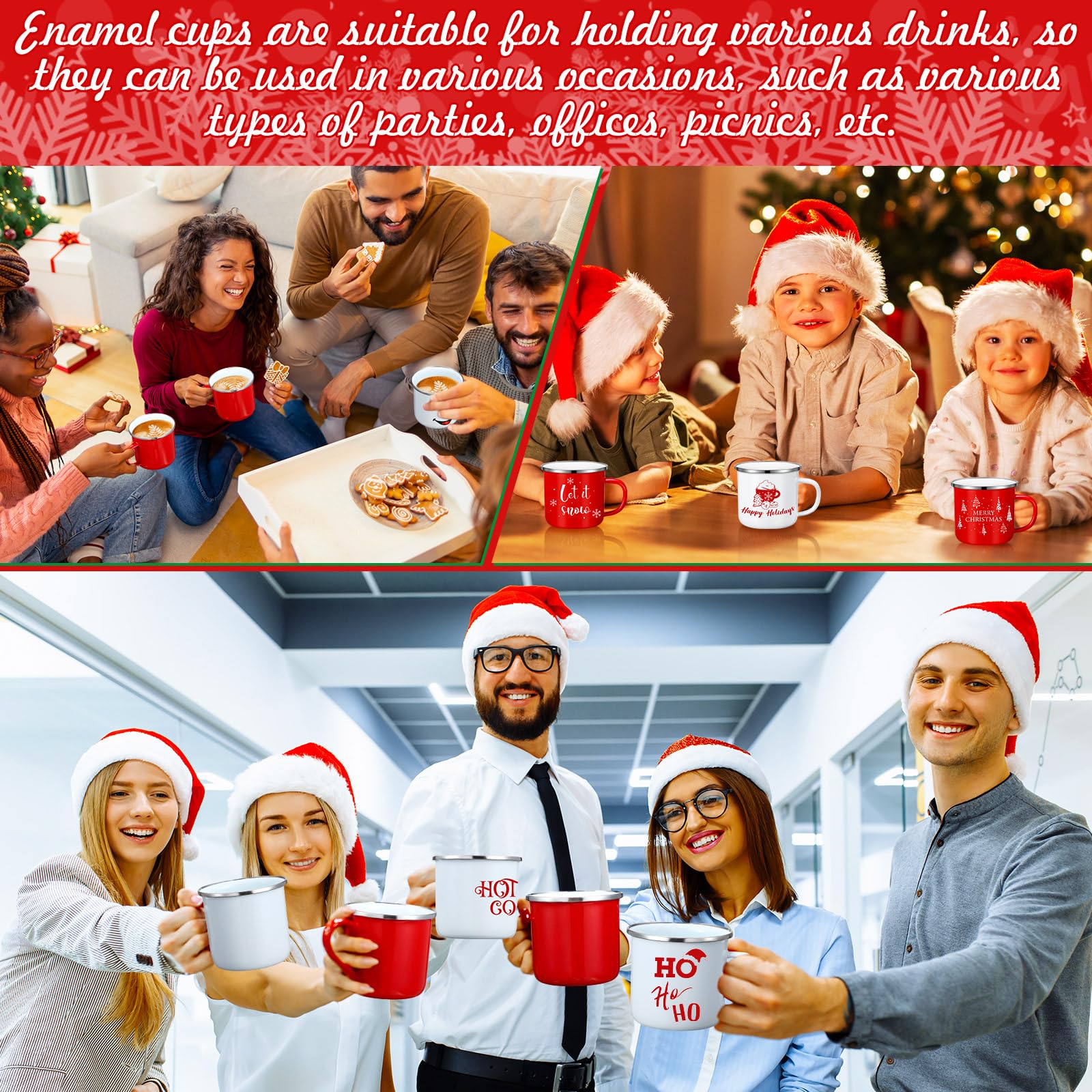 Zhehao Emaille-Tassen für den Winterurlaub, 325 ml, saisonale Frohe Weihnachten, heiße Schokolade, Kaffeetassen für Weihnachten, Kaffee, Tee, Damen, Kollegen, Geschenk (niedliches Design), 9 Stück