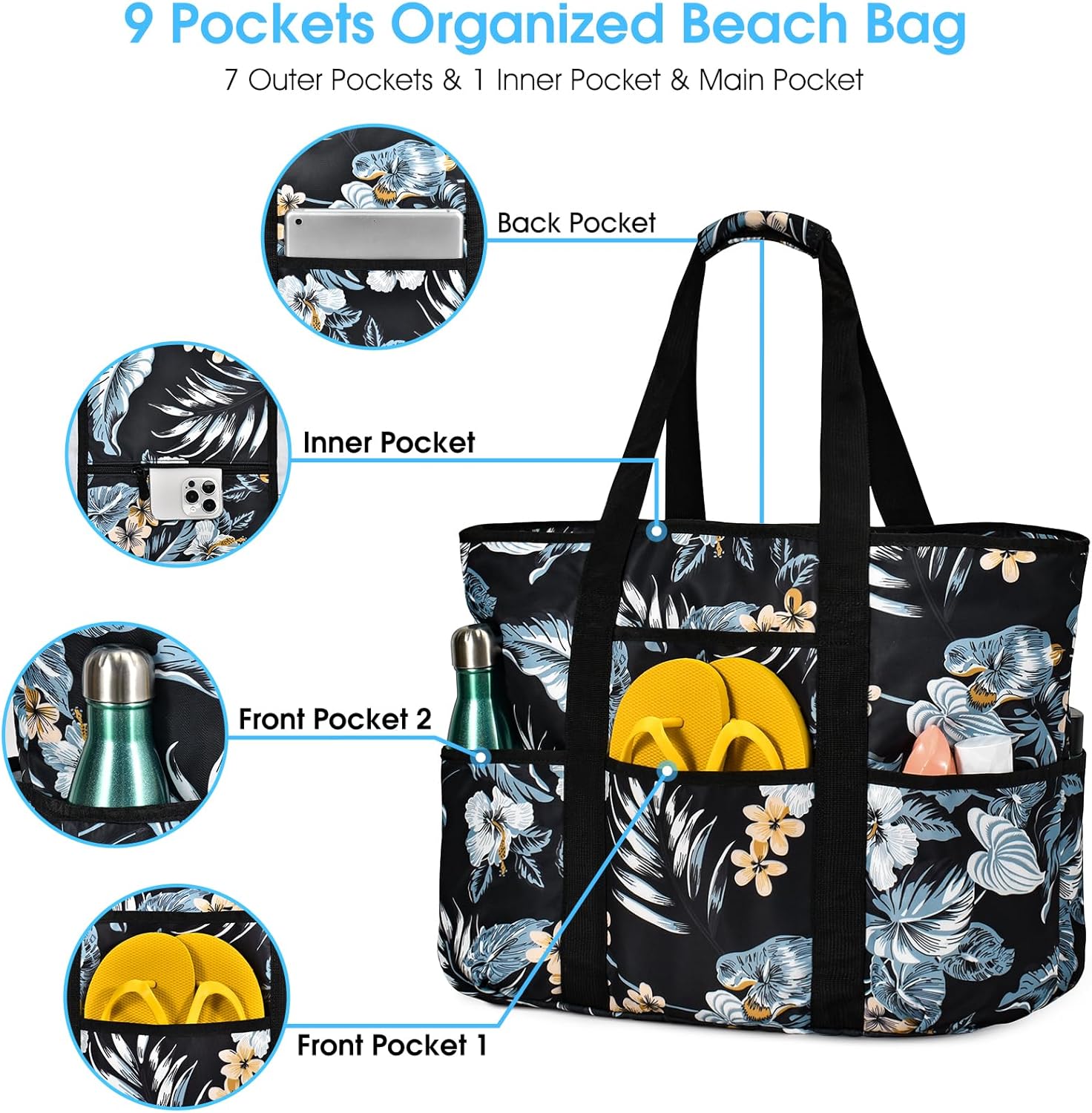 Becokan Beach Bags for Women Large Beach Tote Bag with Zipper Pockets Beach Bag Waterproof Sandproof Travel Nurse Tote Bag - Image 4