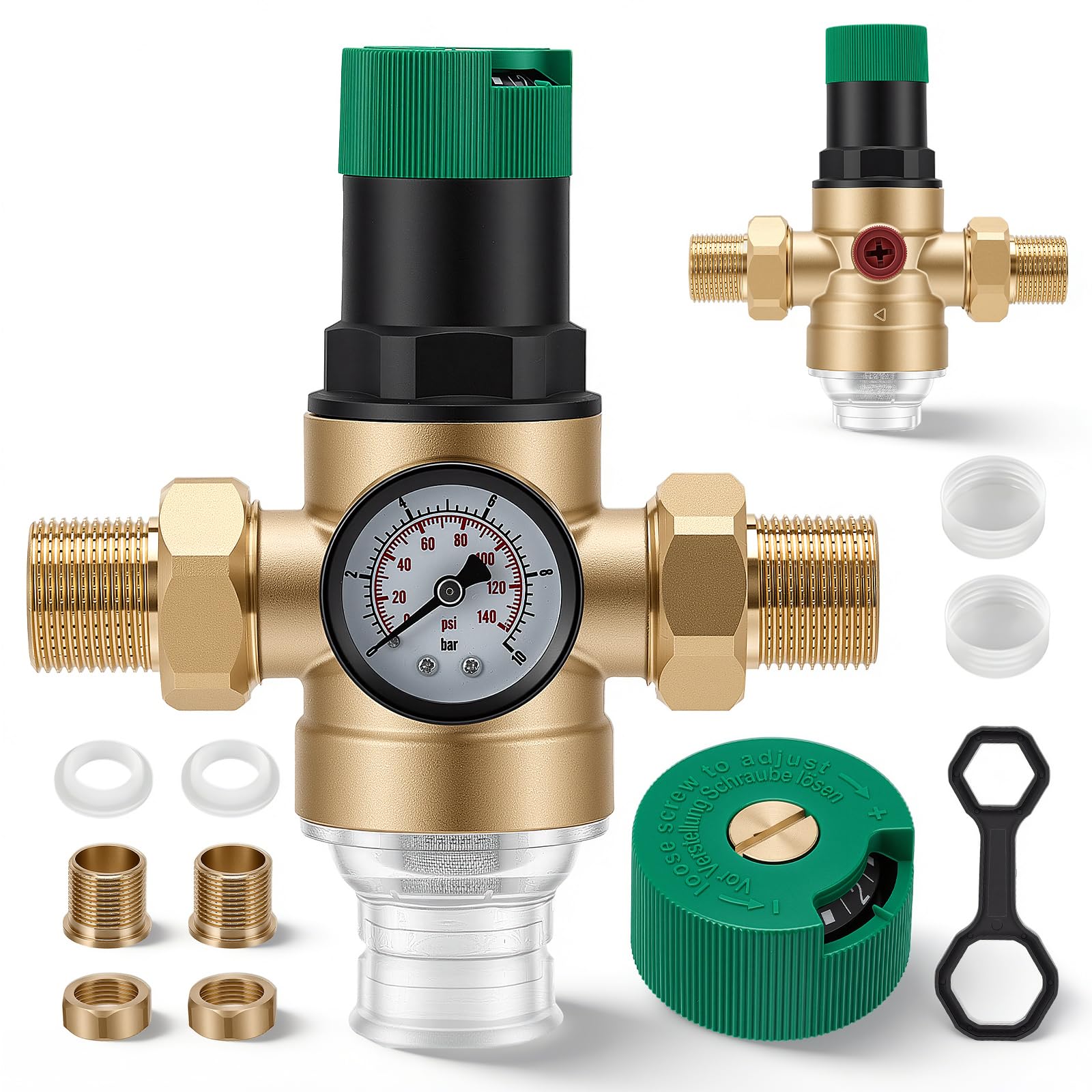Riduttore di pressione dell'acqua da 3/4" con manometro e filtro da 40 μm, riduttore di pressione dell'acqua regolabile in ottone, pressione di uscita 1-6 bar, adatto per acqua potabile per casa