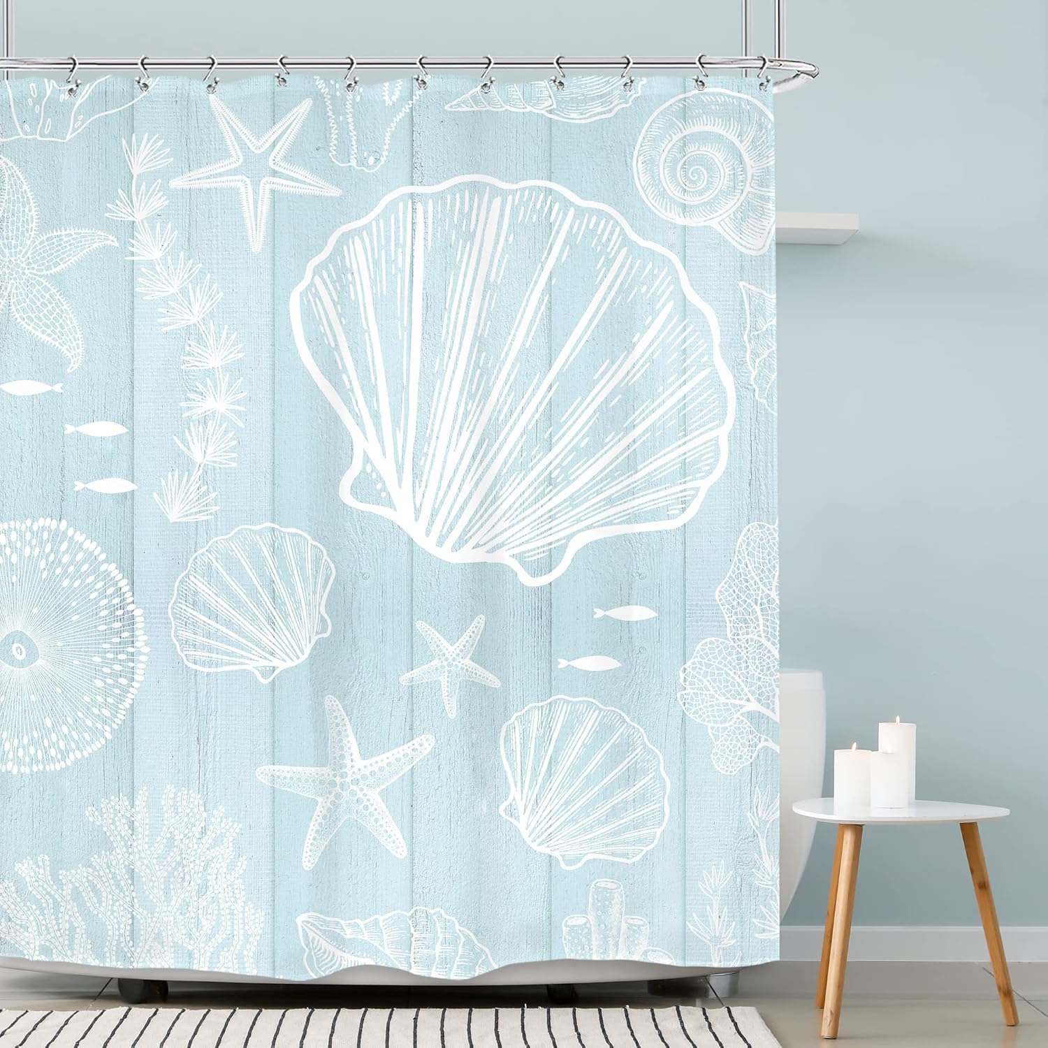 AMBZEK Blue Starfish Shower Curtain 72Wx72L Inch Nautical Beach Seashell Coastal Farmhouse Rustic Plank Ocean Vintage Artwork Cloth Fabric Waterproof