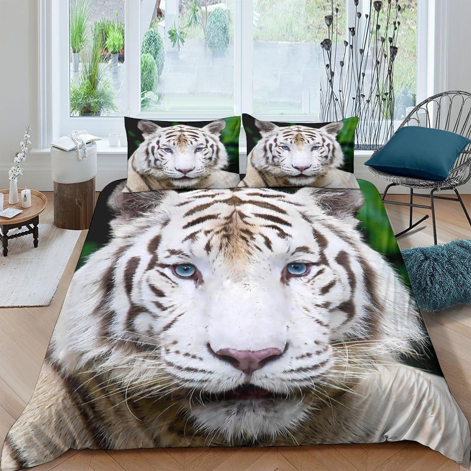 P5V6M1Q9 3D Printed White Tiger Duvet Cover Set Microfiber Soft Breathable Jungle Animal Bedding with 2 Pillowcases for Bedroom Single（135x200cm）