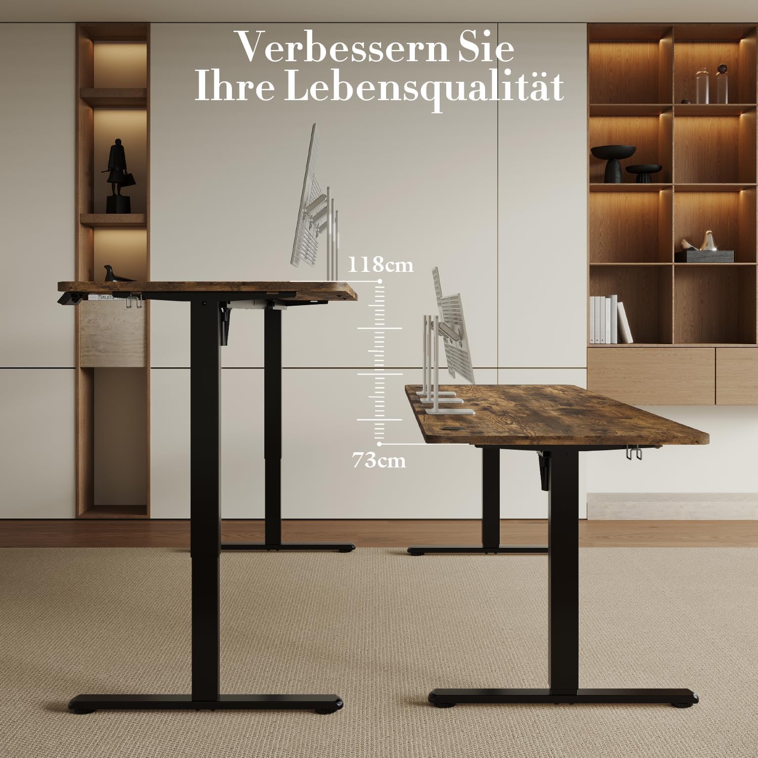 Airfish Höhenverstellbarer Schreibtisch 180x80cm mit USB-Buchse, Schreibtisch Höhenverstellbar Elektrisch mit Memory Funktion, 73-118cm, Dunkelbraun