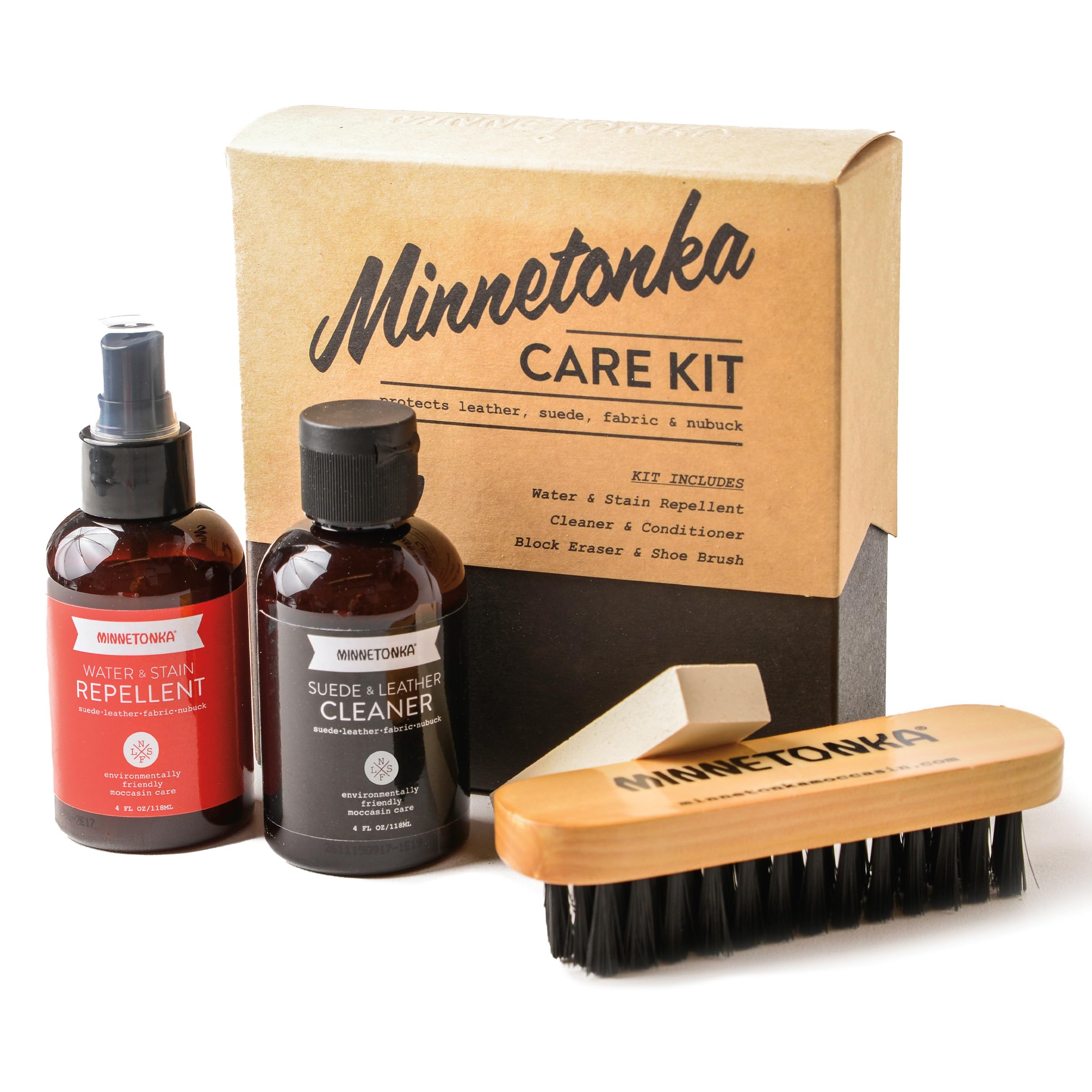 Minnetonka Kit de cuidado - Juego completo de limpieza y protección de zapatos para gamuza y cuero
