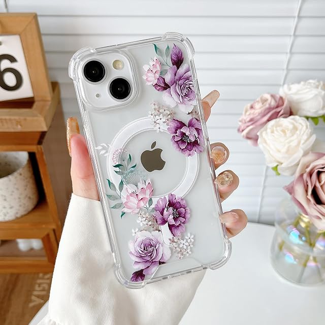 DEFBSC Magnetic for iPhone 15 Case [Compatible with Magsafe], Clear Floral Flower Print Design Soft TPU Bumper Protective Flower Phone Case for iPhone 15 - Purple Peony