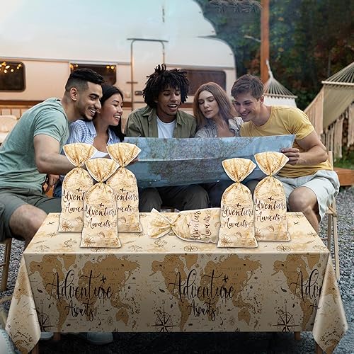 Miniatura 5 de Frienda 100 bolsas de celofán con temática de aventura, decoración de fiesta de aventura, bolsas de regalo con temática de viaje, mapa del mundo,