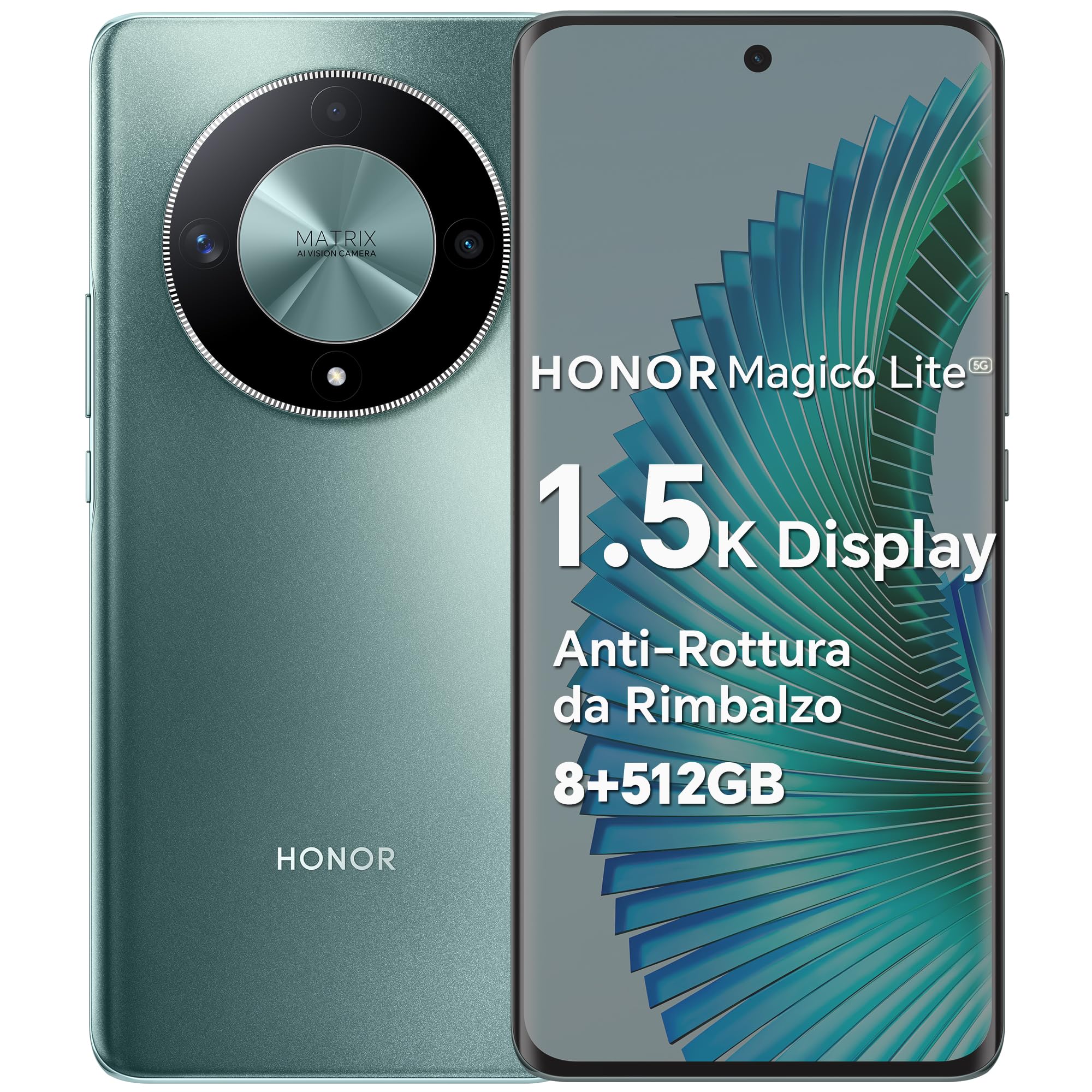HONOR Magic6 Lite Smartphone 5G Android 13 Dual SIM NFC, 8GB RAM 512GB, AMOLED da 6.78 pollici anti-rottura da rimbalzo con Snapdragon 6 Gen 1,108MP,5300 mAh, Emerald Green [Versione italiana]