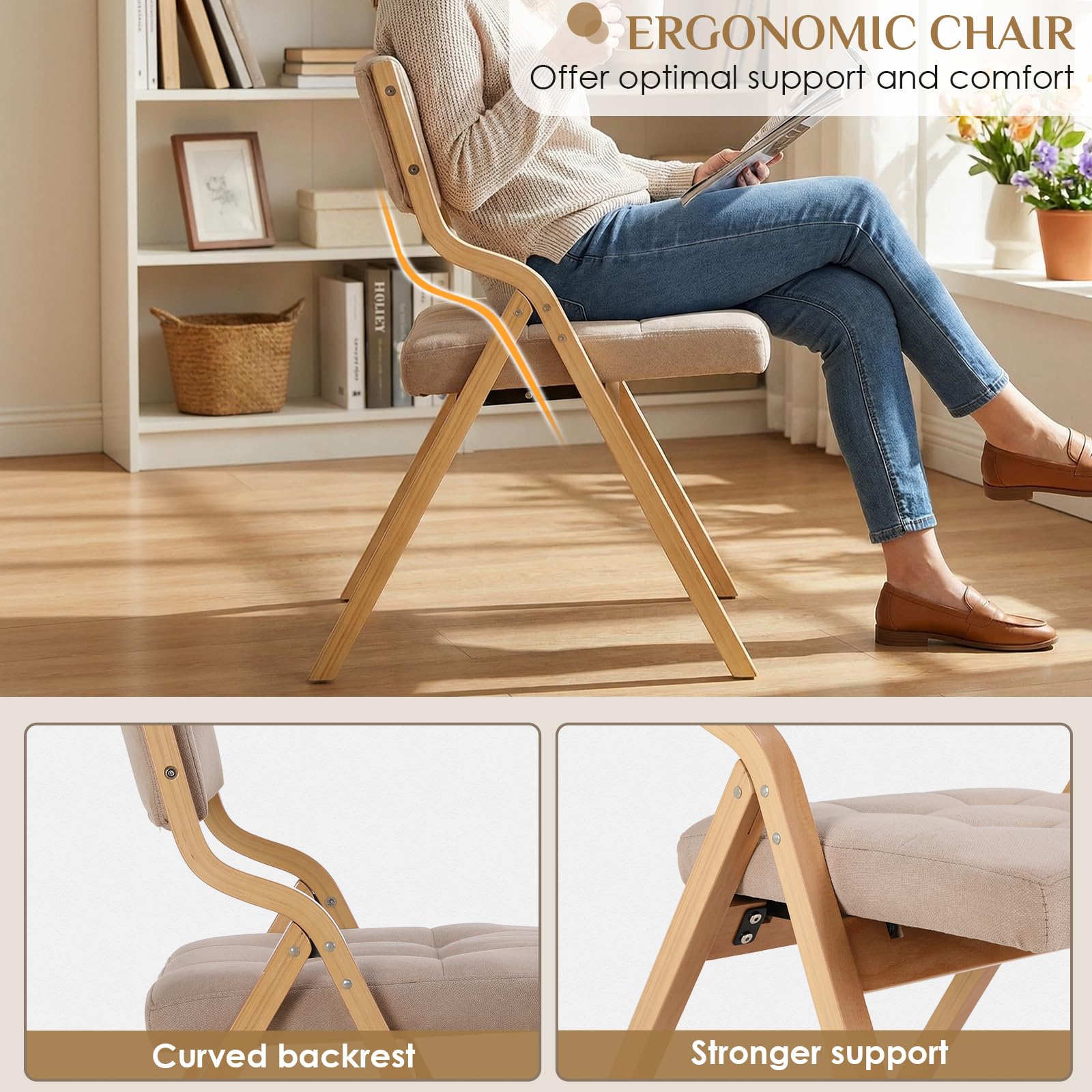 Clevich Chaises Pliantes Tapissées 4pcs, 47 x 55 x 77 cm, chaises Pliantes interieures en Bois, pour Adultes, Style Nordique avec Bois et Tissu Lin, pour invités, Bureau, Mariage et fête, Beige