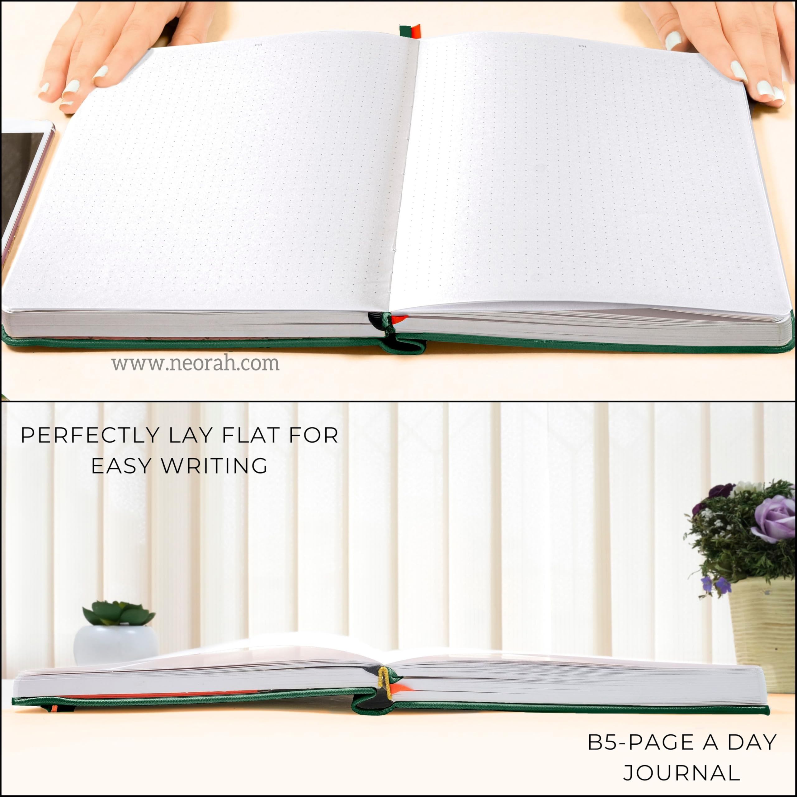 NEORAH —B5 DOTTED | 365 pagine numerate - 110 g/m² | Diario di tutti i giorni (25 x 17,5 cm) - Taccuino con copertina rigida a punti | Tasca posteriore | 3 segnalibri in seta - Completamente