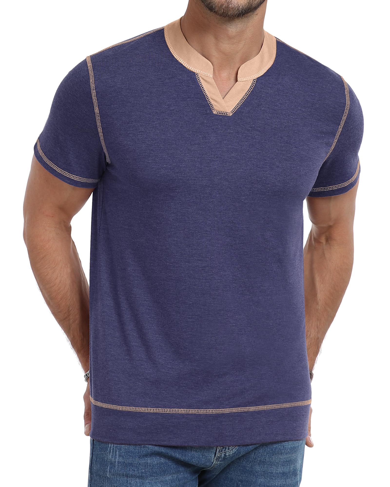 YTD Mens Henley Shirts Short Sleeve Casual V Neck Basic Tee Shirts Summer Vintage T-Shirts