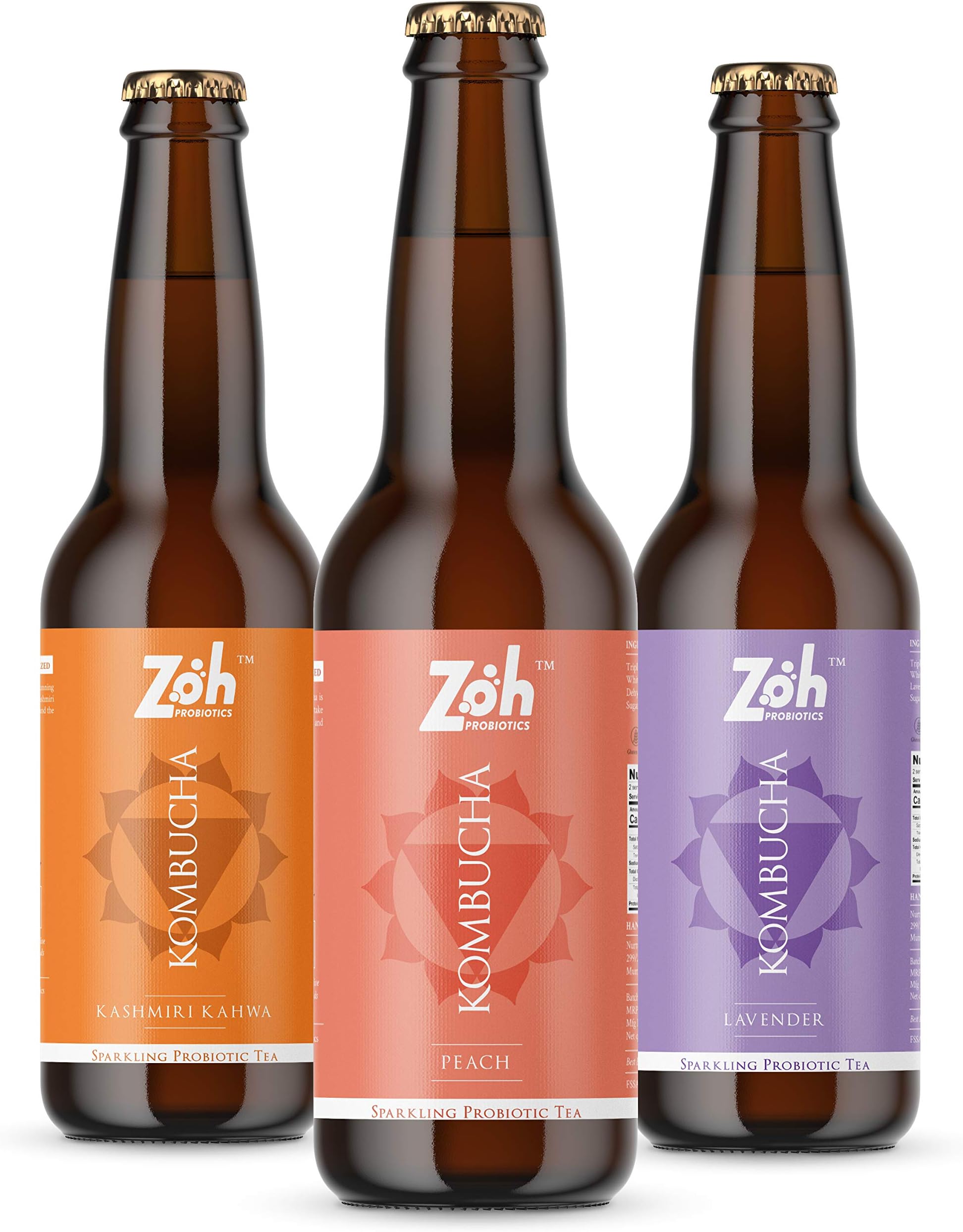 Zoh Probiotics Kombucha-(330Ml,Pack Of 3) Peach,Lavender&Kashmiri Kahwa Kombucha. Probiotic&Antioxidant Rich Raw Sparkling Tea,Low Sugar,Vegan,&With Gut Healing Active Cultures.,330 milligrams