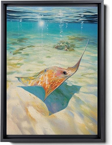Nautical Print on Canvas for Wall Decor, Ocean Fish Manta Ray Canvas Wall Art, Beach Print for Wall Hang, Turquoise Coastal Pictures Wall Decor,