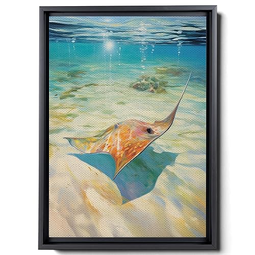 Nautical Print on Canvas for Wall Decor, Ocean Fish Manta Ray Canvas Wall Art, Beach Print for Wall Hang, Turquoise Coastal Pictures Wall Decor,