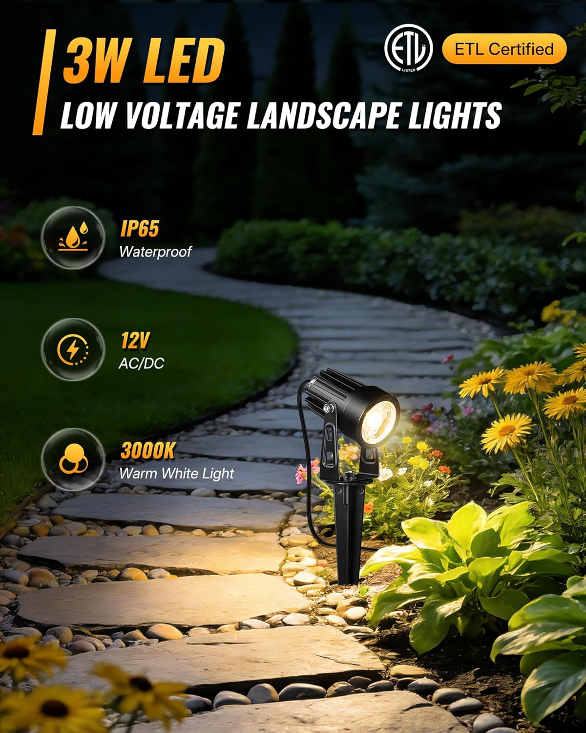 All-in-One LED Low Voltage Landscape Lighting Kit, 12-Pack Landscape Lights with Transformer, 100FT Wire and Connectors, 3000K Waterproof Outdoor Spotlights for Yard Garden Tree House W02LK06