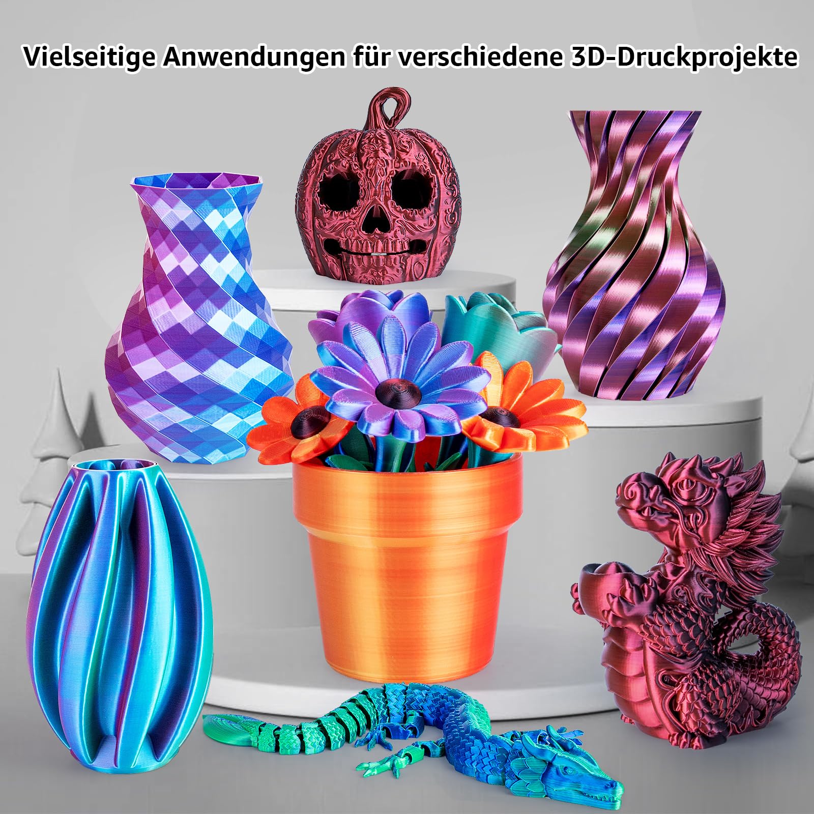Silk PLA+ Filamento de impresión 3D bicolor paquete de 6 unidades - 1,75 mm, 250 g x 6 bobinas, color dorado y rojo, rojo rosado y azul cielo, rosa rojo y azul oscuro, azul oscuro y verde, azul