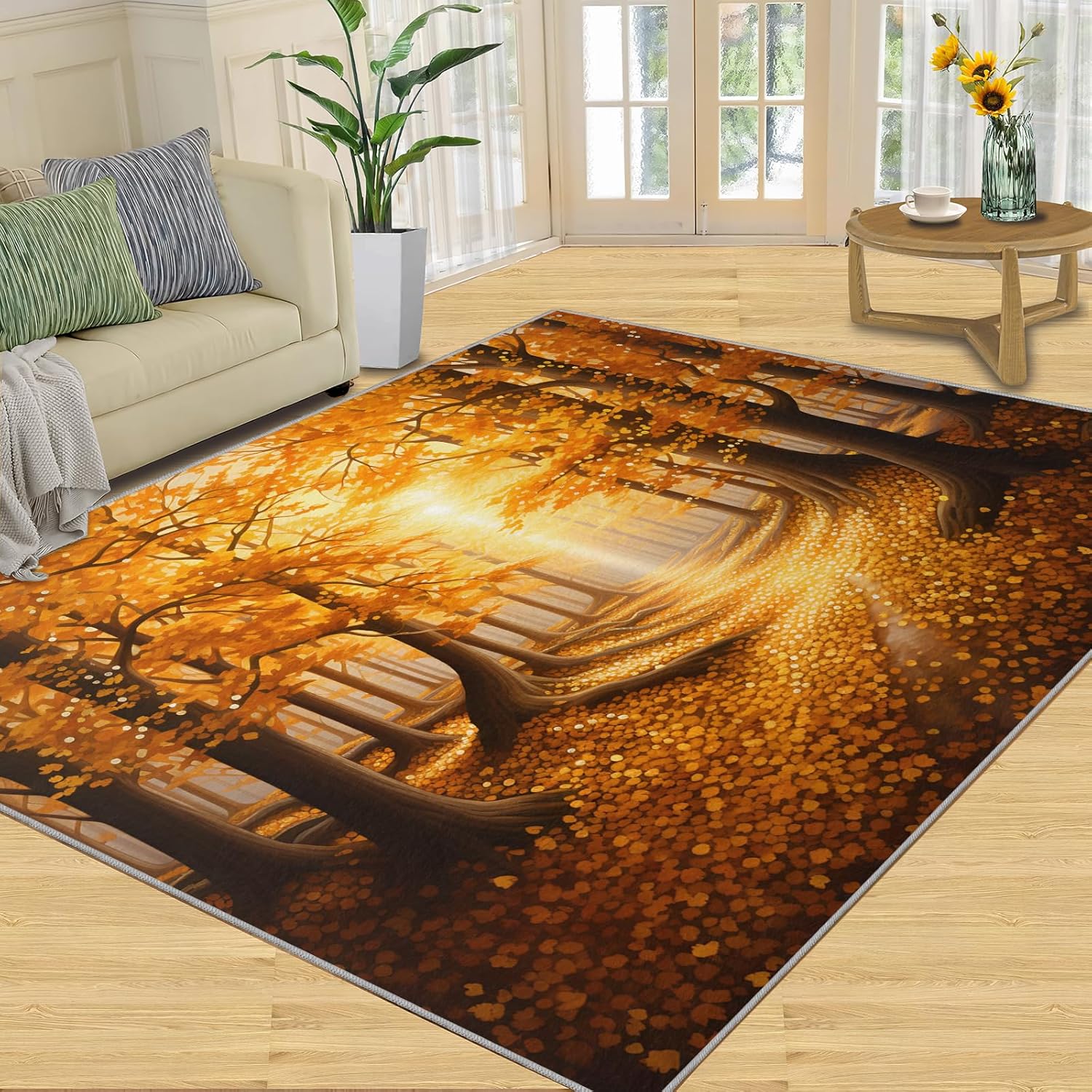 Sunlit Autumn Woodland Area Rug 2x3ft Golden Fall Trees Rugs, Sunset Forest Art Rug, Autumn Landscape Rug, Fantasy Indoor Jungle Decor Carpet, for Washable Living Room Home Decor