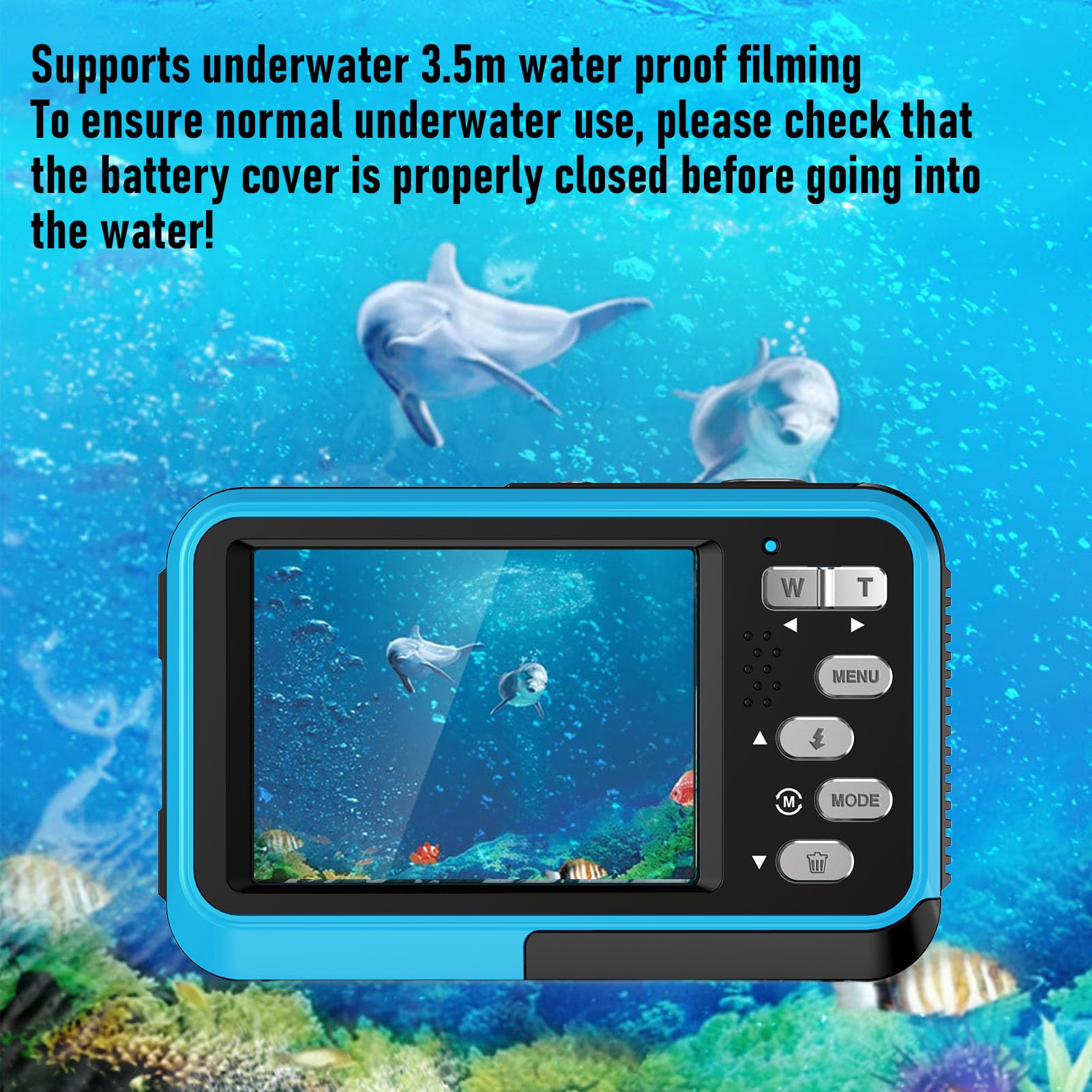 VBESTLIFE Fotocamera Subacquea 4K, Fotocamera Digitale Impermeabile a Doppio Schermo con Messa a Fuoco Automatica da 48 MP con Scheda da 32 GB e Luce di Riempimento per Snorkeling, Nuoto e (BLUE)