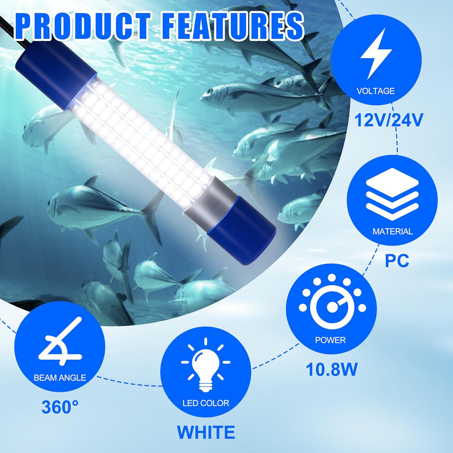 Underwater Fishing Light 1600 Lumens 10.8W 12/24V Submersible Fishing Bait Finder 180 LED Deep Drop Night Fishing Light with 20 FT Cord Battery Clip for Shrimp Squid Fish Crowds