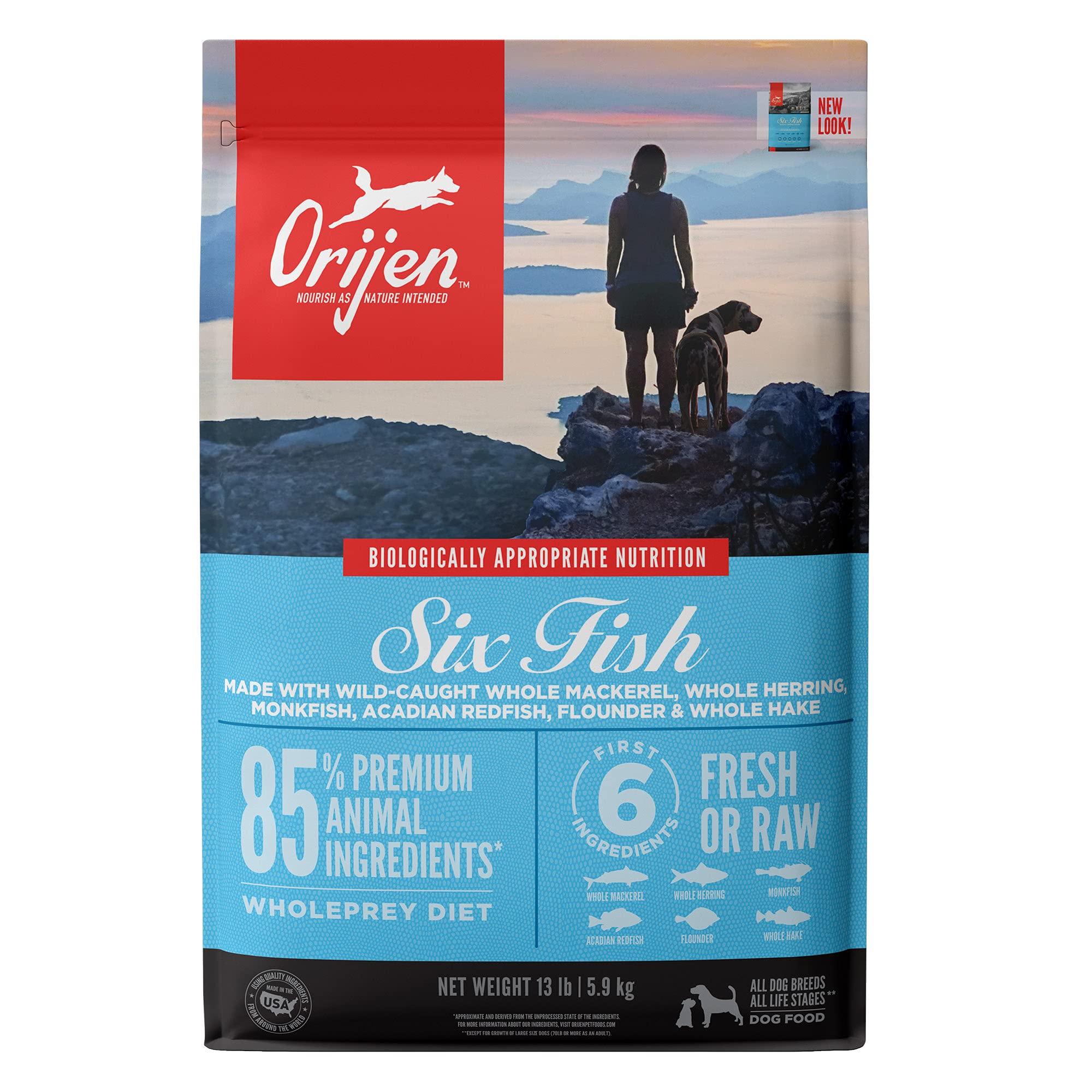 ORIJEN Dog Six Fish Recipe, 13lb, High-Protein Grain-Free Dry Dog Food, Packaging May Vary