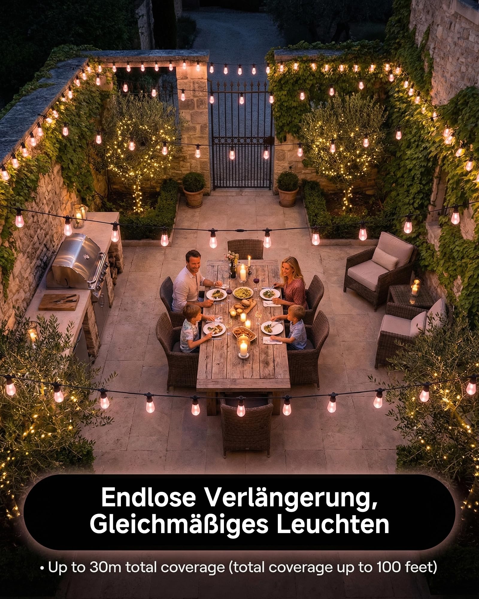 RGBW Lichterkette Außen 15M mit 20 LED Lampen,Smart Gartenbeleuchtung mit App & Fernbedienung,Musik Synchronisation,Dimmbar,Timer,IP65 Wasserdicht,Farbwechsel für Balkon,Terrasse & Pergola