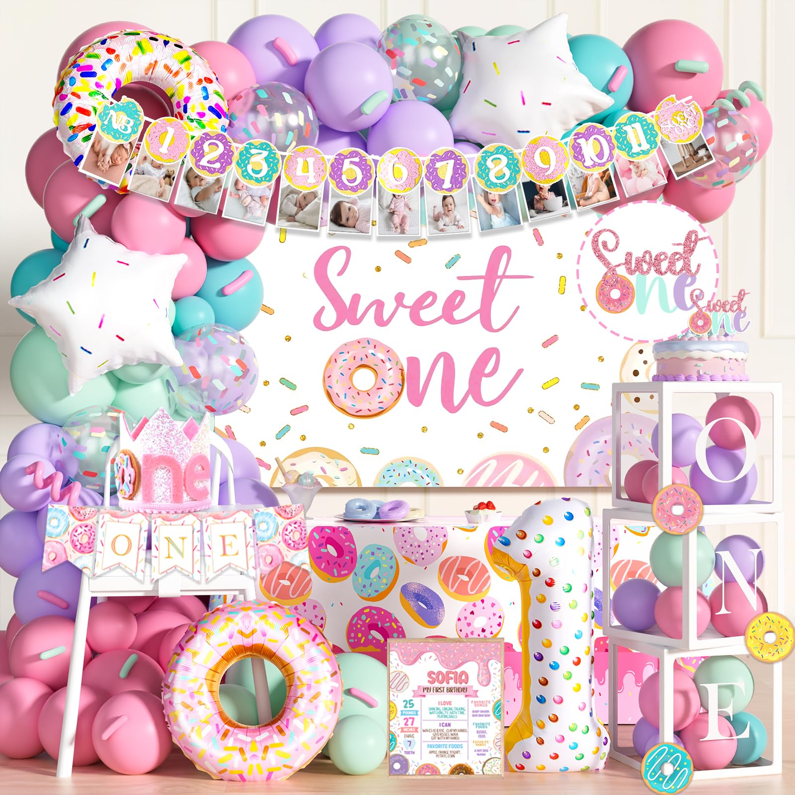 Fiesec Sweet One Birthday Decoration for Girl - 128 PCs Donut Themed 1st Birthday Party Supplies, Party Backdrop, Balloon Boxes, Banner, Donut Foil