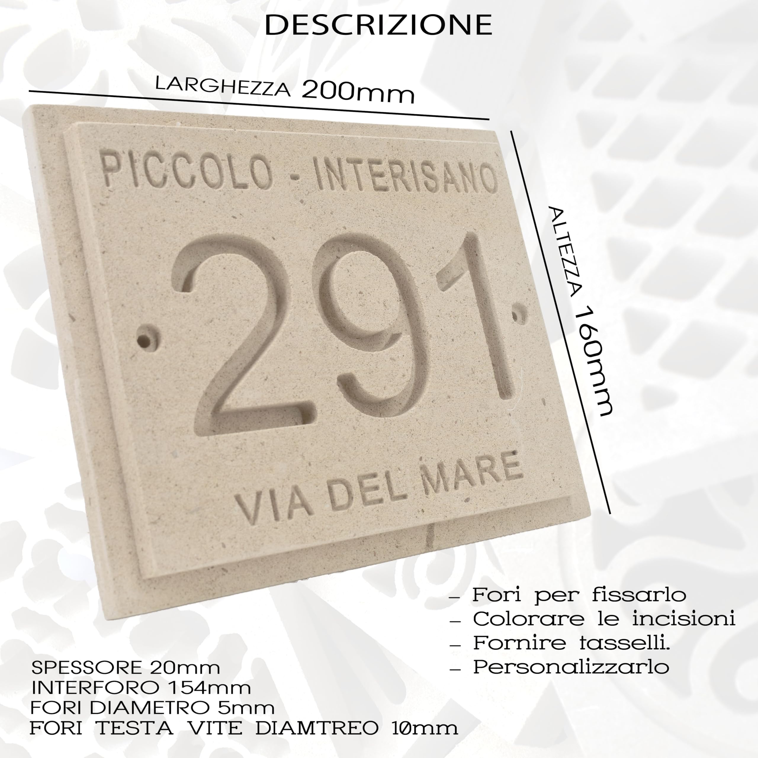 Numero civico esterno personalizzato inciso con nome della Via in Pietra Leccese misura 20x16cm numeri lettere da esterno targhetta cassetta postale campanello porta ingresso villa belle arti