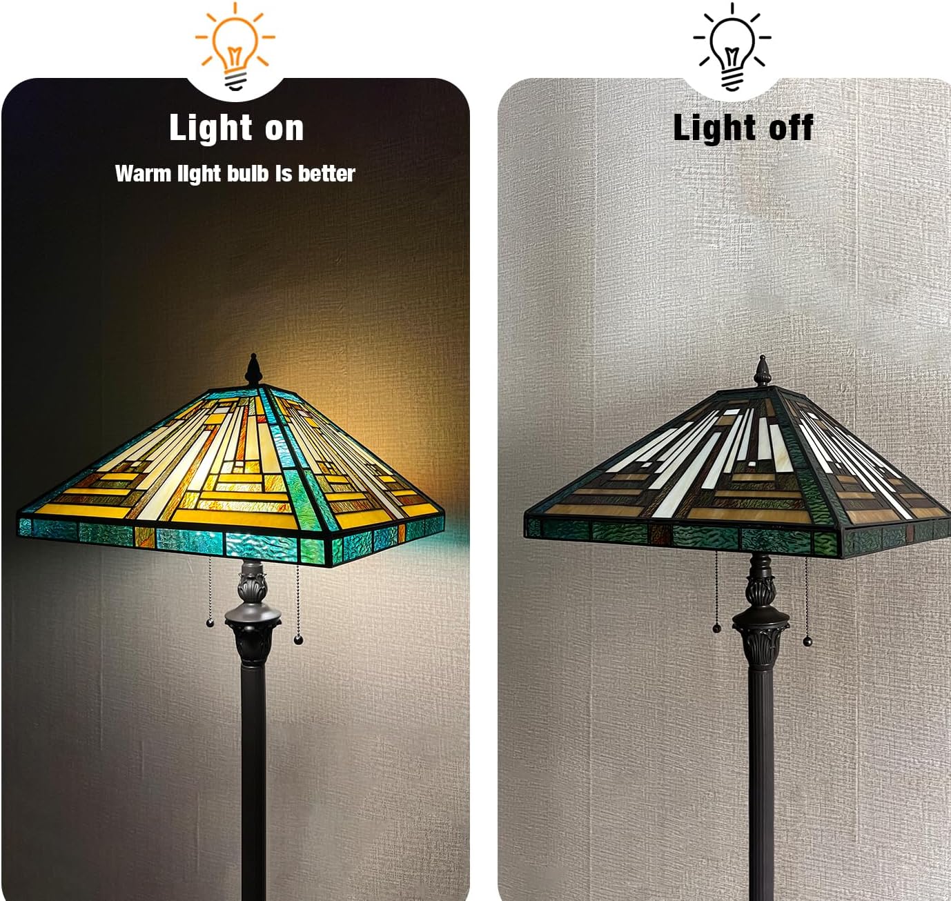 Capulina Tiffany Lamp Stained Glass Floor Lamp 2-Light 16X16X63 Inches Amber Green Mission Antique Tiffany Style Standing Reading Lamp for Living Room Bedroom Home Office