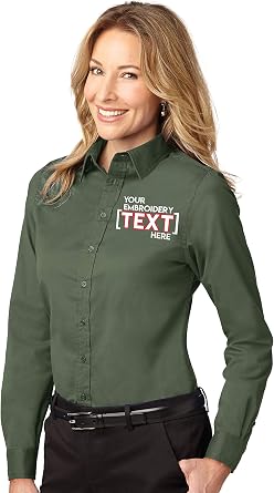 Custom Long Sleeve Button Up Shirts for Women - Add Your Text - Personalized Embroidery Button Down Easy Care Shirts