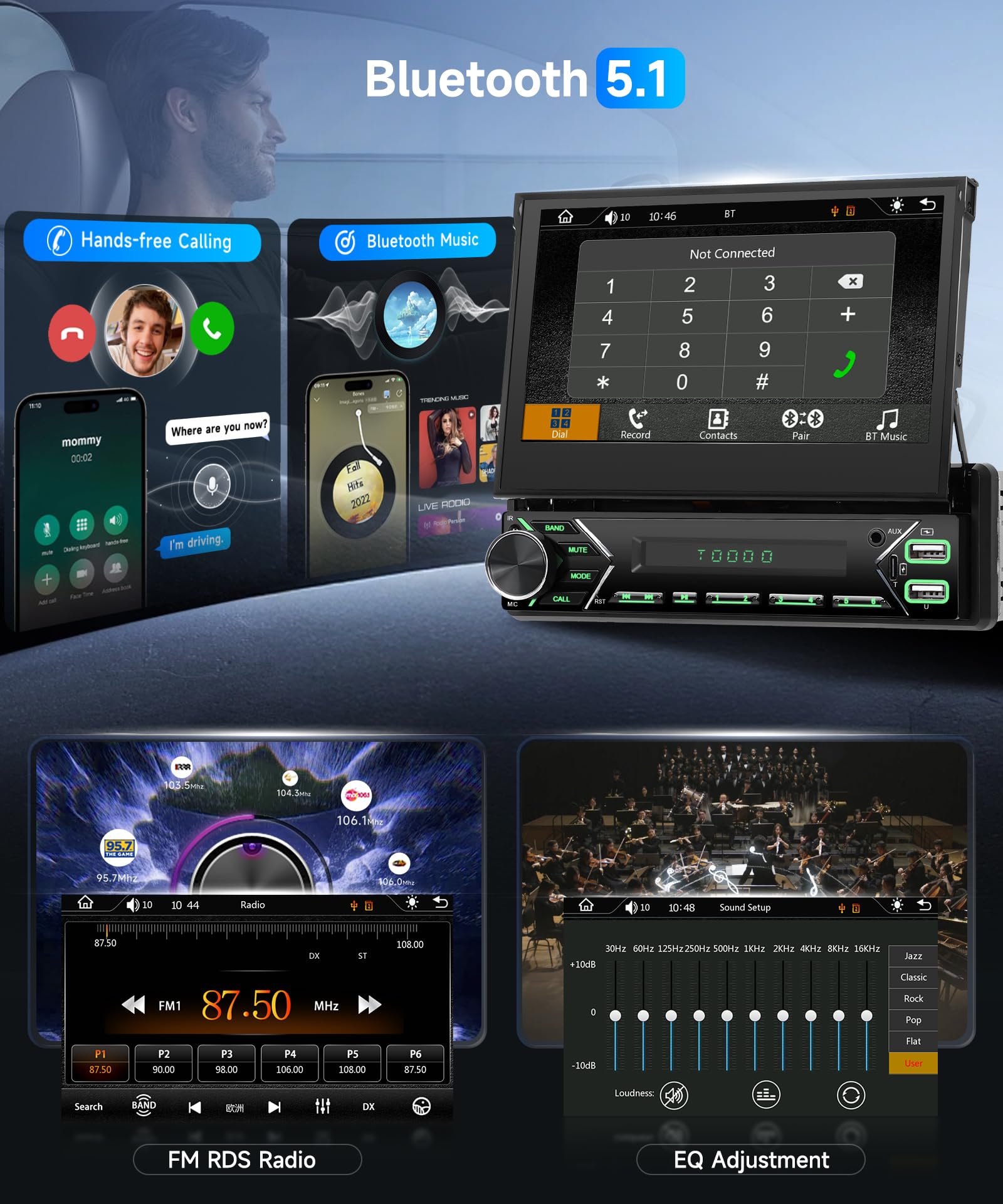 VECHTEL Autoradio 1 Din Carplay Android Auto sans Fil avec écran rétractable motorisé de 7 Pouces,Radio Bluetooth 5.1 Navi/GPS,Miroir Link FM 2 USB/AUX/Type-C avec caméra de recul,Commandes au Volant