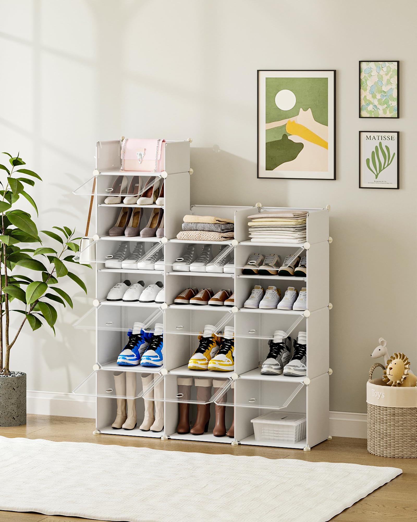 Hzuaneri Zapatero de 12 Puertas con Ganchos, para 48 Pares de Zapatos | Banco de Zapatos de Plástico para Pasillo, Dormitorio, Entrada, 36 x 125 x 161 cm, Blanca Transparente, SR10903W