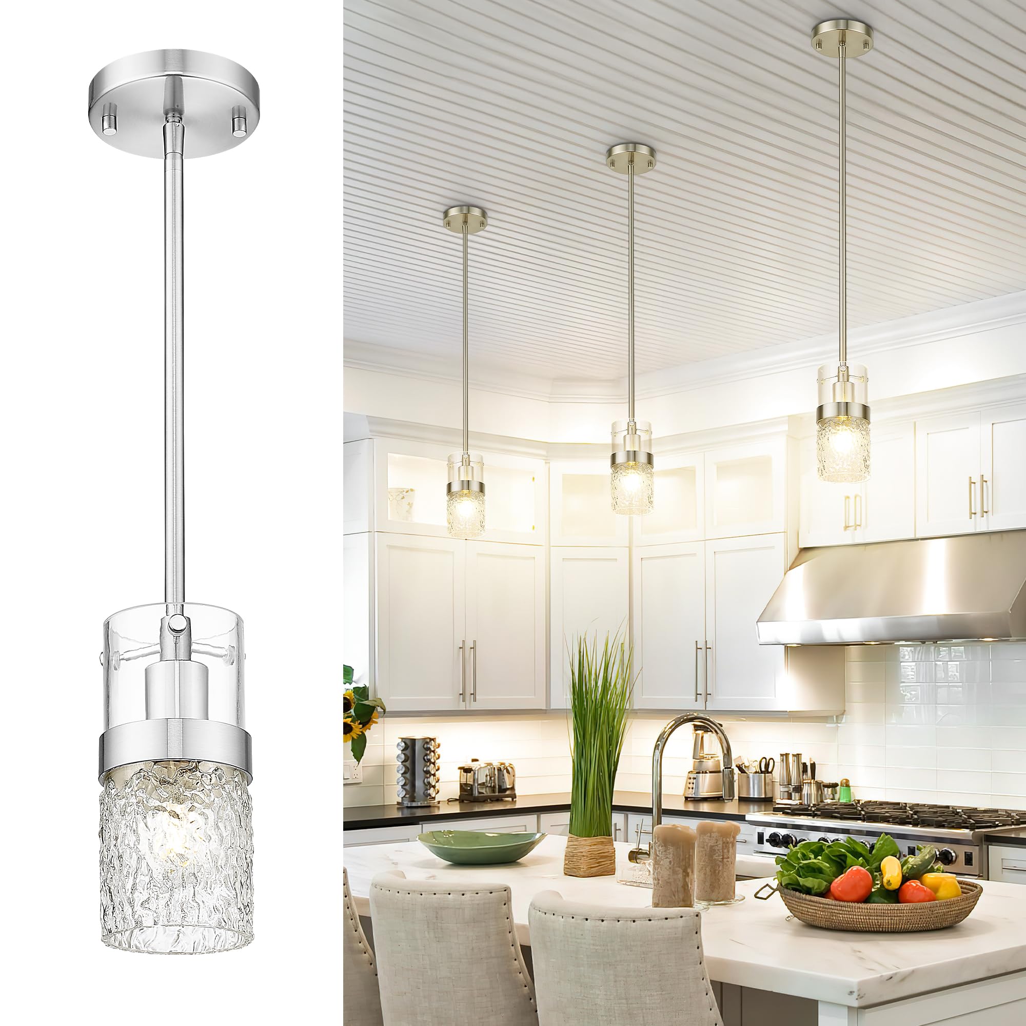 LMS 1-Light Pendant Light Fixtures, Modern Adjustable Hanging Light with Hammered Glass, Brushed Nickel Kitchen Lighting Fixtures Ceiling, Bedroom, Bathroom, LMS-199