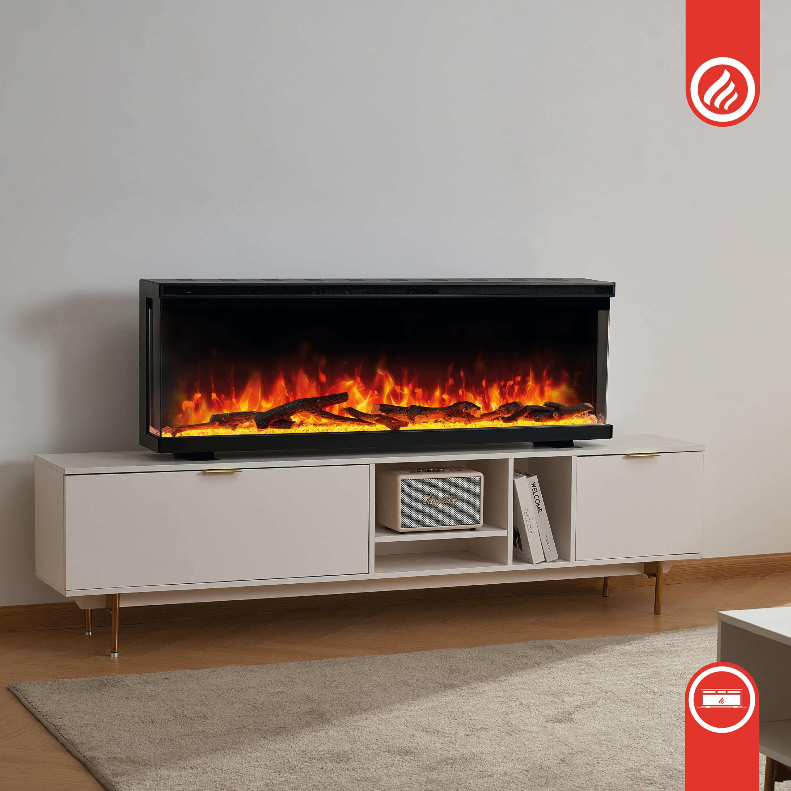 KAMINIO Kominek elektryczny LEA - Elektryczny kominek 3-w-1 z panoramicznym widokiem, ogrzewaniem, efektem 3D płomieni, 12 kolorami płomieni (36 cali)